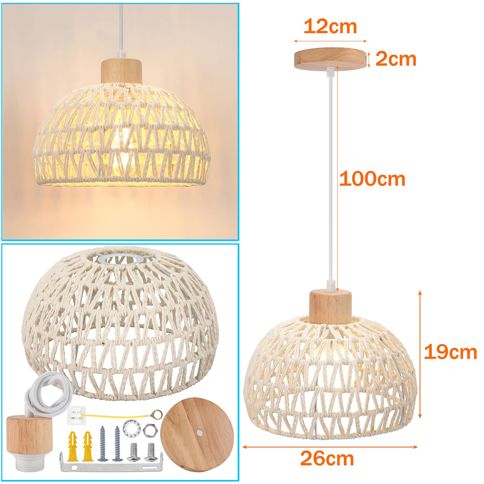 iDEGU Lustre Suspension Rétro Ø 25CM Suspension Luminaire Vintage Style Demi-Cercle Plafonnier E27 en Bois et Rotin Lampe Suspension pour Salon Chambre Salle à Manger Cuisine Café Bar (Blanc)