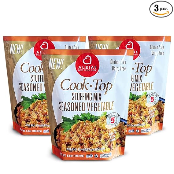 Aleia’s Gluten Free Cook Top Stuffing Mix – Seasoned Vegetable, 5.5oz (3 Pack) – Ready in 5 Minutes – Savory Stuffing for Gluten-free Recipes