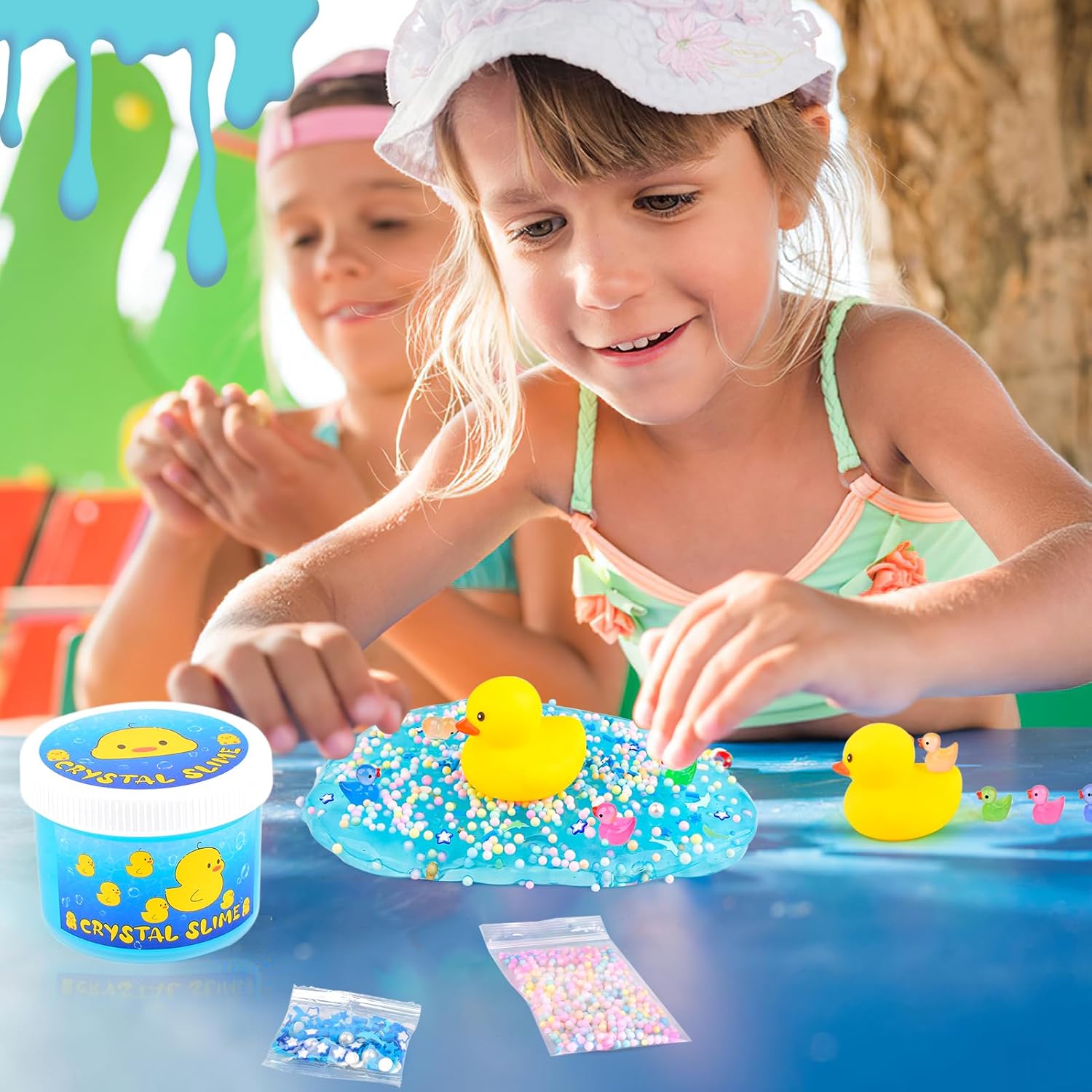 Blue Crystal Slime with Cute Yellow Ducks & Beads – Soft, Non-Sticky Sensory Toy with Foam Beads for Kids & Teens – Stress Relief & DIY Gift for Girls and Boys