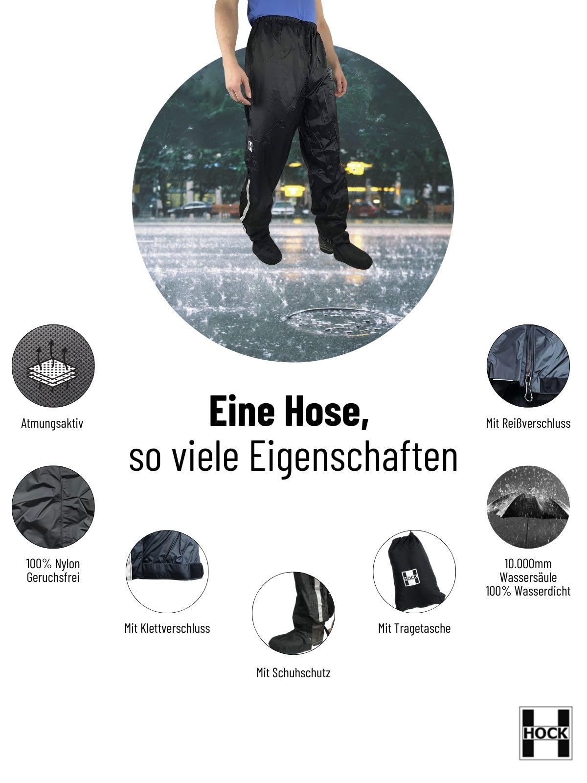 HOCK Unisex Regenhose Fahrrad inkl. ausfaltbarem Schuhschutz - Hochwertige Regenbekleidung mit Reflektor-Streifen - 100% wasserdichte Hose für Herren und Damen