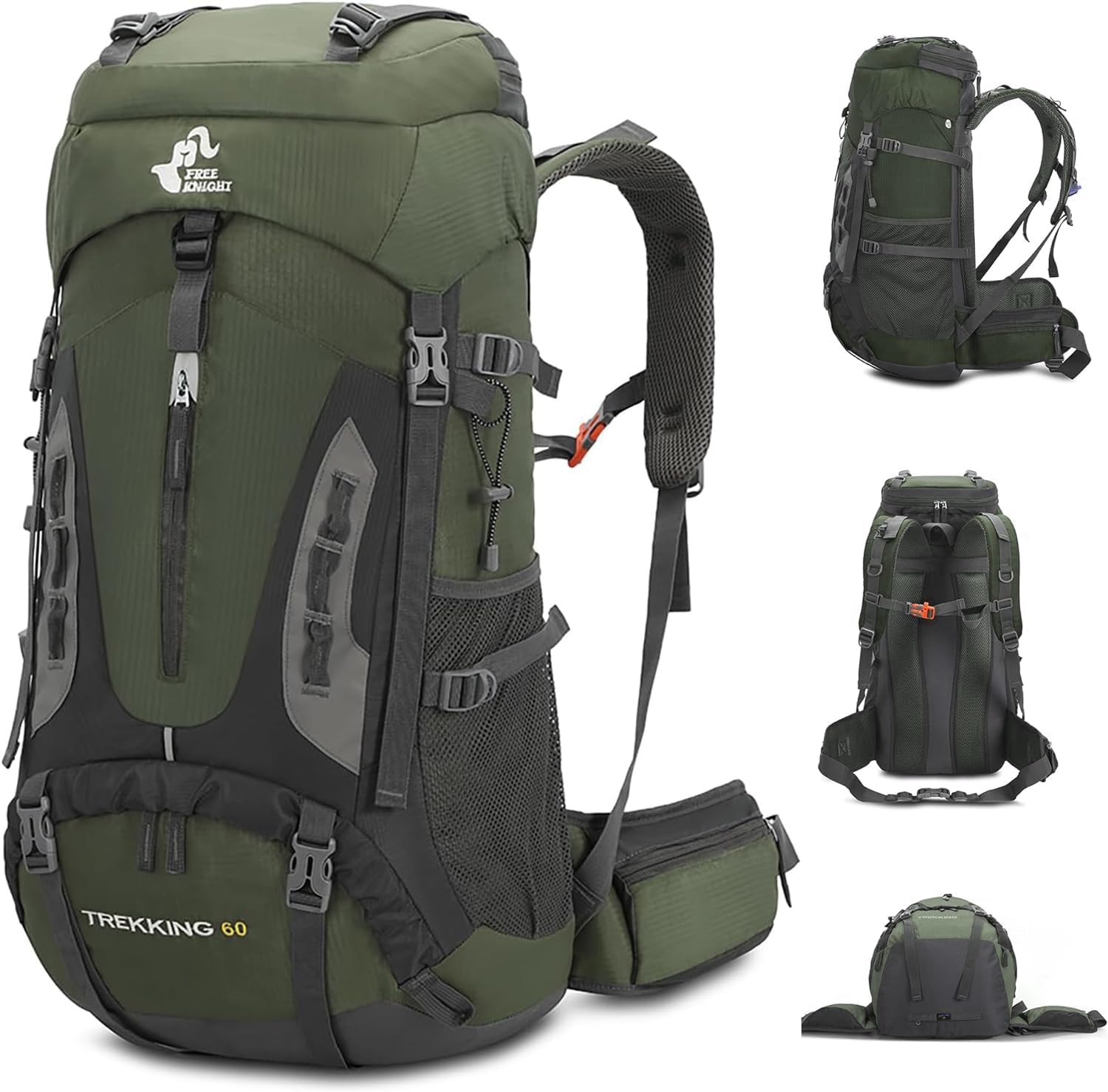 60L Hiking Backpack Large Waterproof Camping Backpack for Men and Women Lightweight Frameless Backpacking Backpack, Army Green