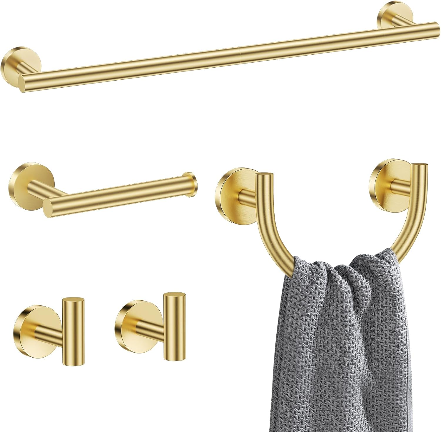 TNOMS 5-Piece Bathroom Hardware Accessories Set,Brushed Gold Towel Bar Set with Smiley Face Towel Rings, Stainless Steel Wall-Mounted Towel Holder Set for Bathroom,23.6 Inch