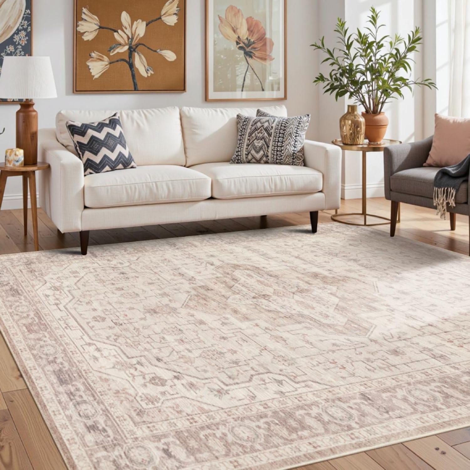 Rugxara Alfombra lavable de 5 x 7 pies para sala de estar y dormitorio, alfombras grandes y suaves de color rosa para niñas y mujeres, antideslizante, duradera, de pelo bajo, alfombras vintage para