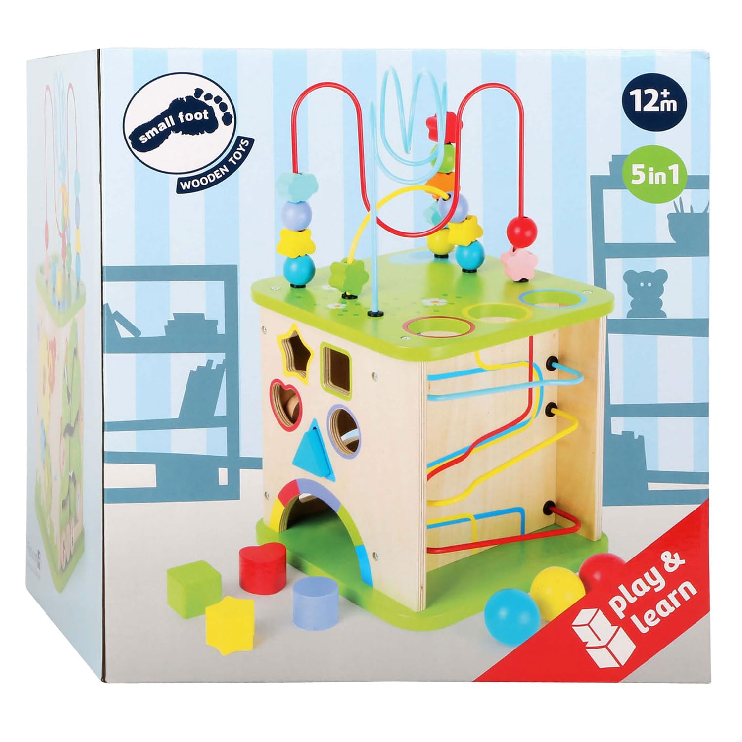 small foot Motorikwürfel aus stabilem Holz mit fünf Seiten Spielspaß, inkl. Motorikschleifen und Kugelbahn, 10605