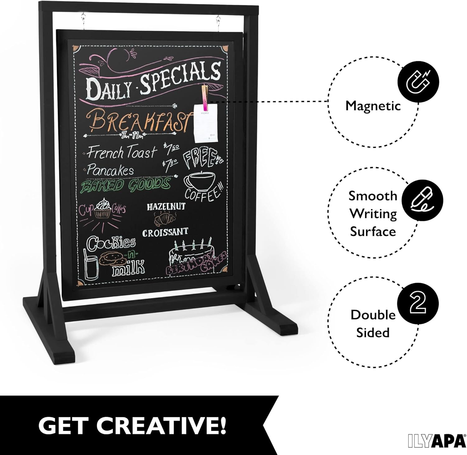 Ilyapa Rustic Double Sided Swinging Chalkboard Sidewalk Sign - Black Magnetic A Frame Alternative Menu Board Sandwich Board Message Sign