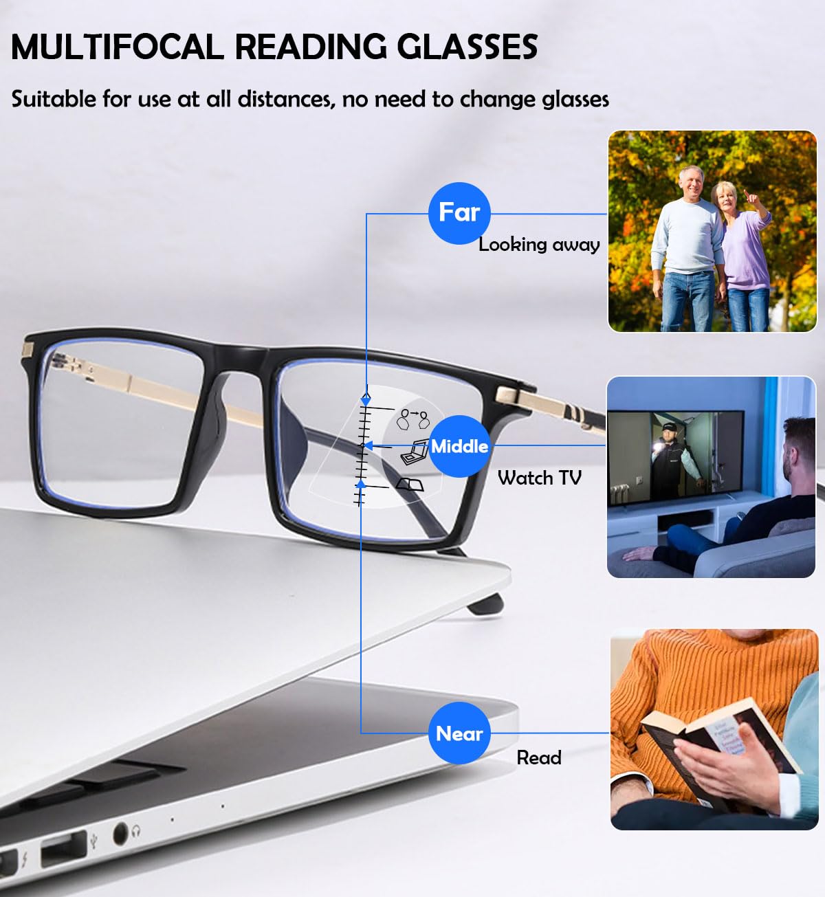KOOSUFA Selbsttönende Gleitsicht Lesebrille Gleitsichtbrille Progressive Multifokus Blaulichtfilter Photochrome Herren Damen Federscharnier Leicht TR90-Rechteckrahmen mit UV-Schutz Sonnenlesebrille