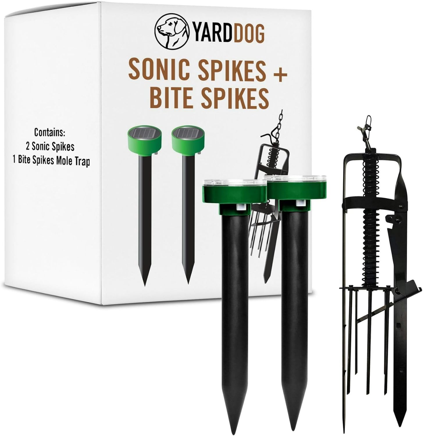 YARDDOG Quality Lawn Protection Bundle – Sonic Spikes Ultrasonic Repeller & Plunger-Style Steel Pest Trap for Gophers, Moles, Voles, Snakes, Pet & Child Friendly, Water-Resistant, Smooth Capture
