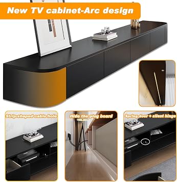 Floating TV Stand, Wall Mounted TV Shelves With Door,TV Media Console, Floating TV Cabinet Large Storage TV Bench Under TV (Black+LED, 240CM/94.4)