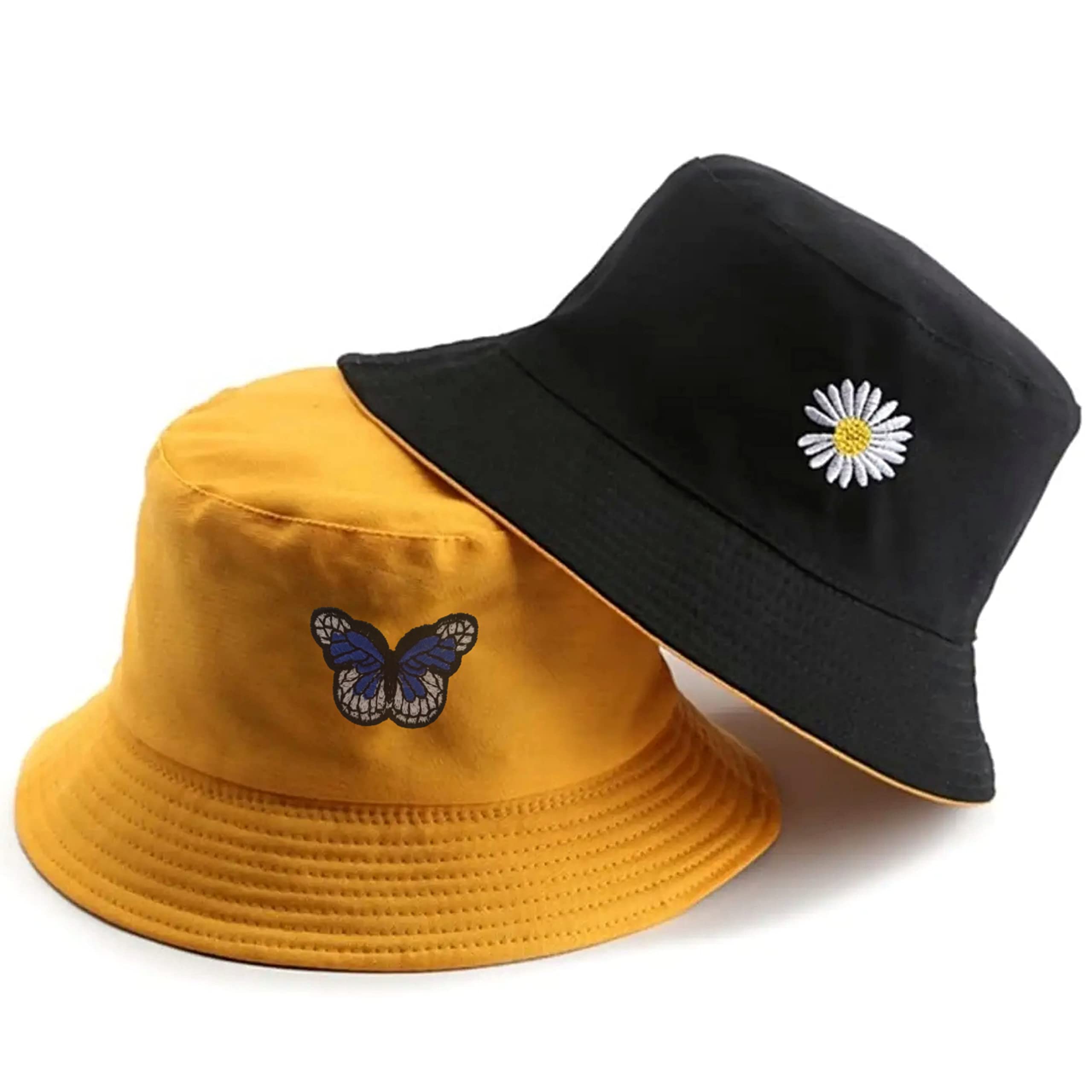 Unisex daisy butterfly reversible Embroidered Foldable Cotton Bucket Hat for Women and Men hat | Bucket hat for Women | Bucket hat for Girls | Beach hat | Sun hat | Traveling hat (Mustrad Black) (B0BYTN7XKD) Amazon Price History, Amazon Price Tracker