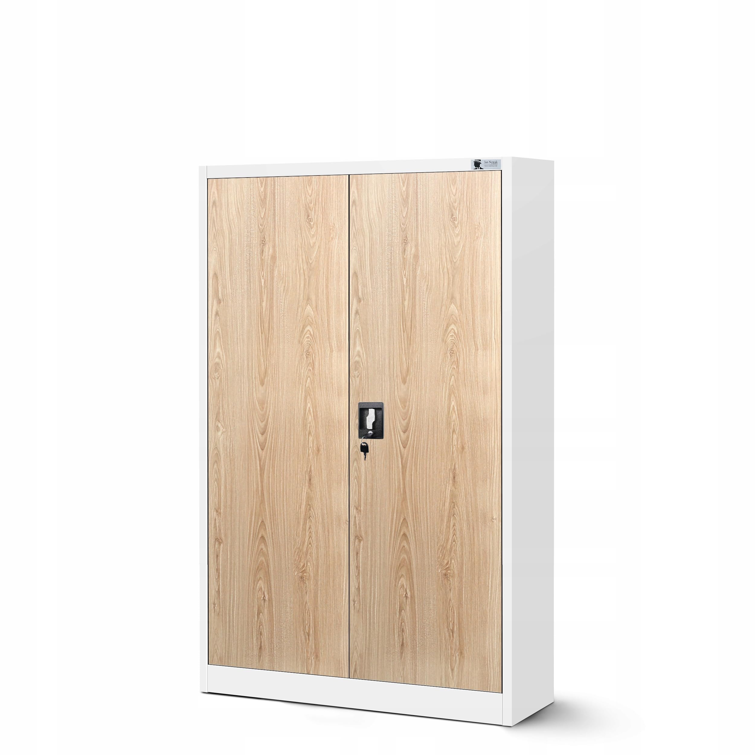 Jan Nowak Armoire de Bureau Métallique C001K 3 Etagères Tôle d'acier Portes Battantes Verrouillable 140 cm x 90 cm x 40 cm (Blanc/Imitation Bois)