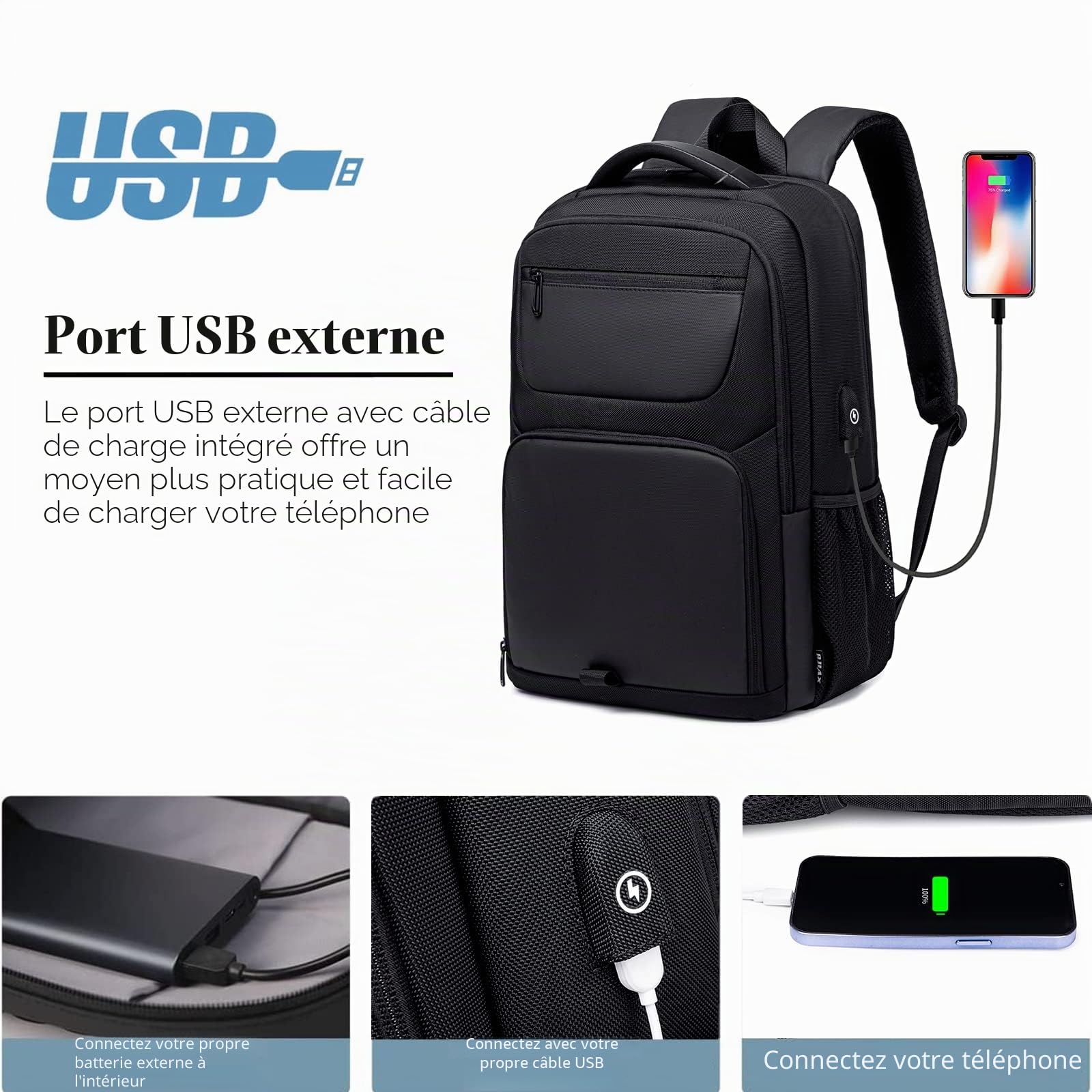 Rucksack Herren Schulrucksack Laptoptasche mit USB Ladeanschluss Anti Diebstahl Business Arbeit Reisen Rucksack