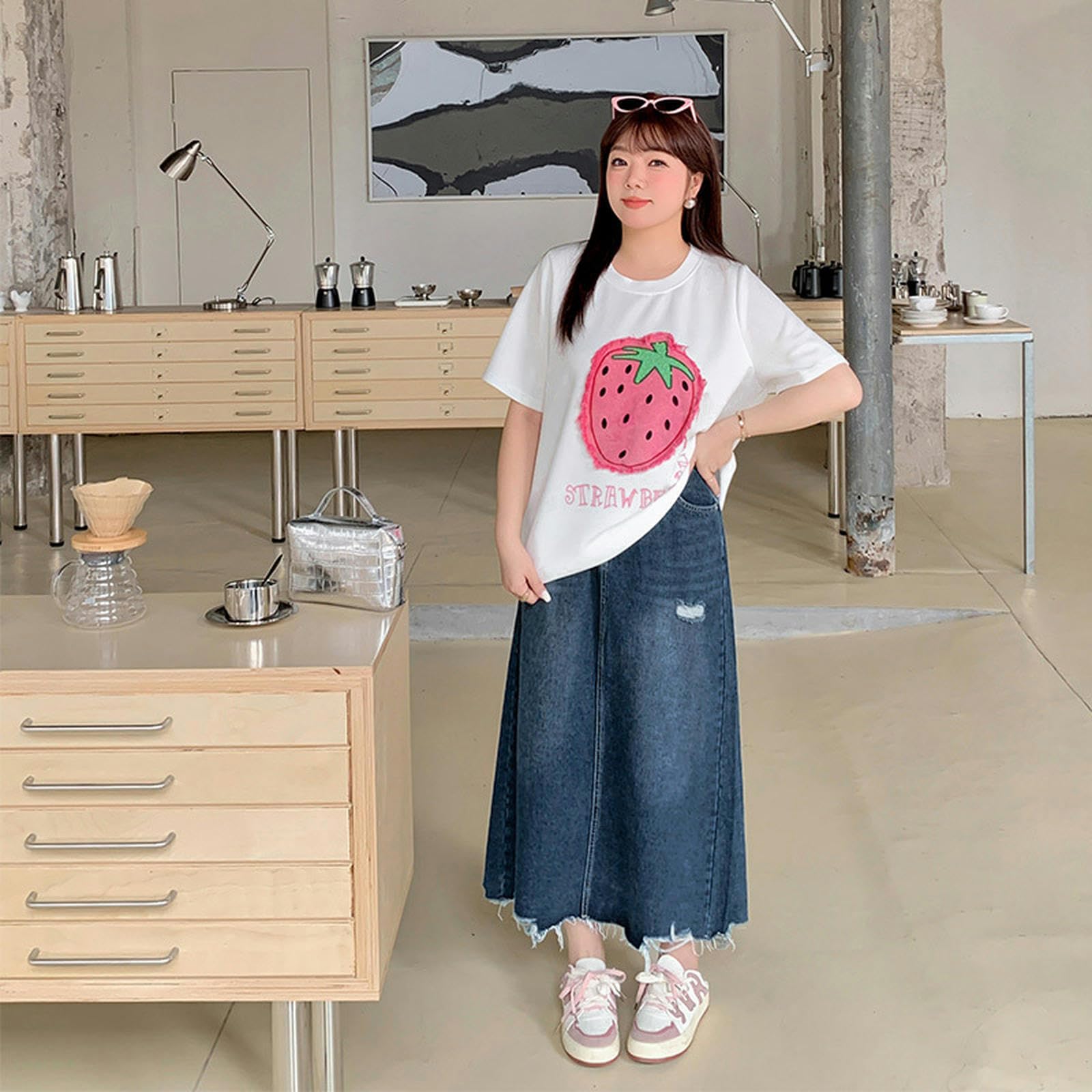 Ropa de Mujer de Talla Grande de Primavera Falda Vaquera Rasgada para niñas gordas - Azul - 2XL
