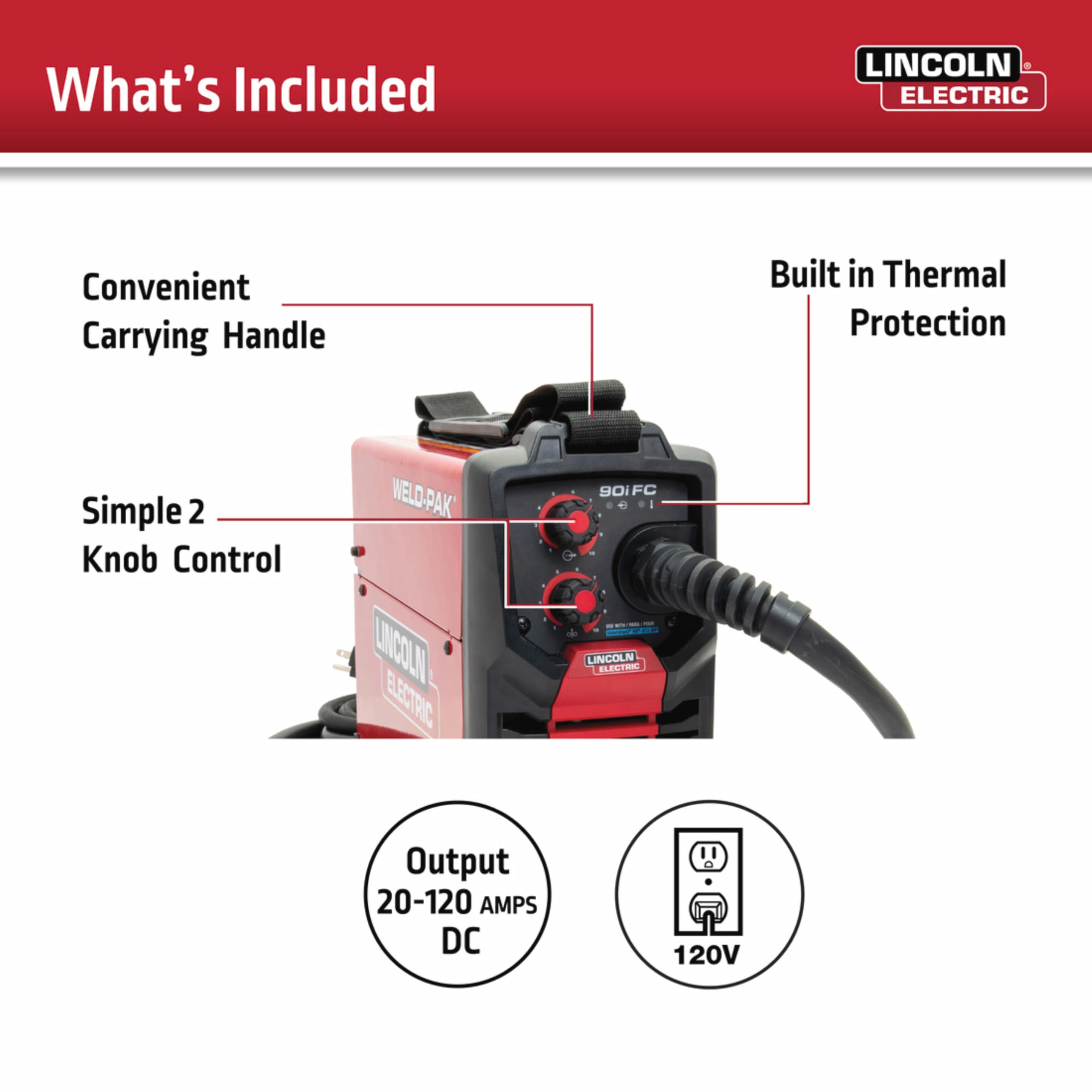 Lincoln Electric 90i FC Flux Core Wire Feed Weld-PAK Welder, 120V Welding Machine, Portable w/Shoulder Strap, Protective Metal Case, Best for Small Jobs, K5255-1 — Amazon image 4