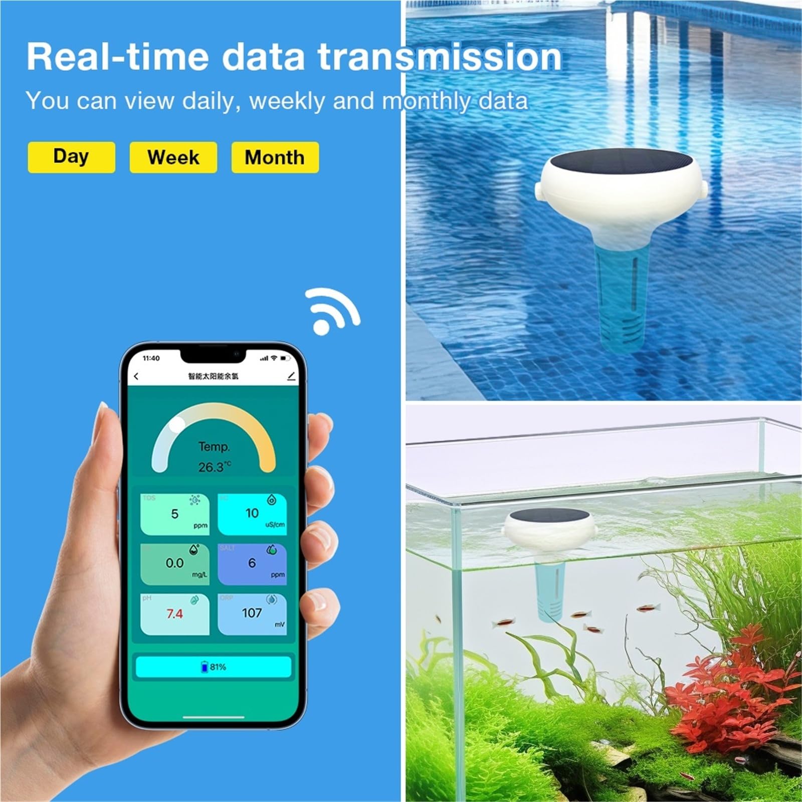 Misuratore di cloro intelligente 7 IN 1 ad energia solare cloro/pH/TDS/EC/ORP/salinità/TEMP Tester for acqua for piscine,Multifunzionale