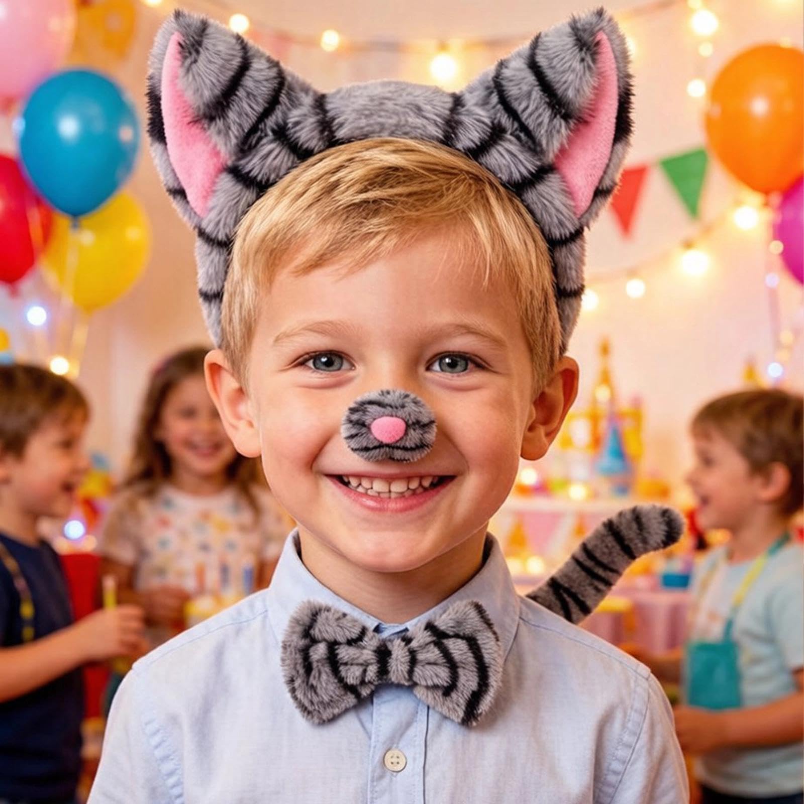 4 pezzi – Set accessori costume da gatto – Cerchietto in peluche grigio tigrato con orecchie, naso, coda e papillon – per bambini e adulti – Per Halloween, feste a tema, ecc.
