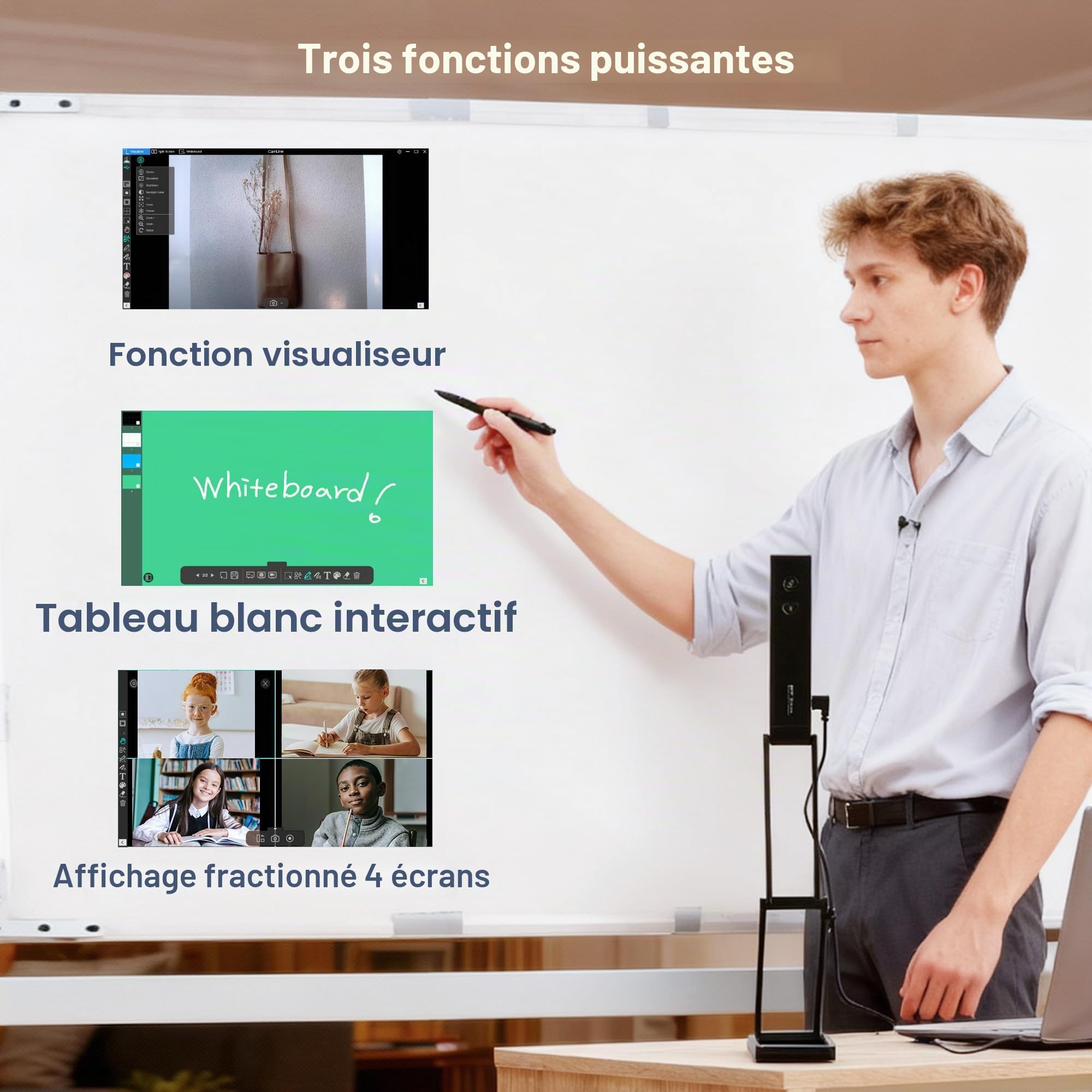 Visualiseur de Documents USB Webcam: 16MP HD Caméra A3 Zoom Numérique Lumière LED Ajustable Mode OCR & 4K Vidéo Compatible Windows/macOS pour Enseignement/Bureau/Conférence/Télétravail