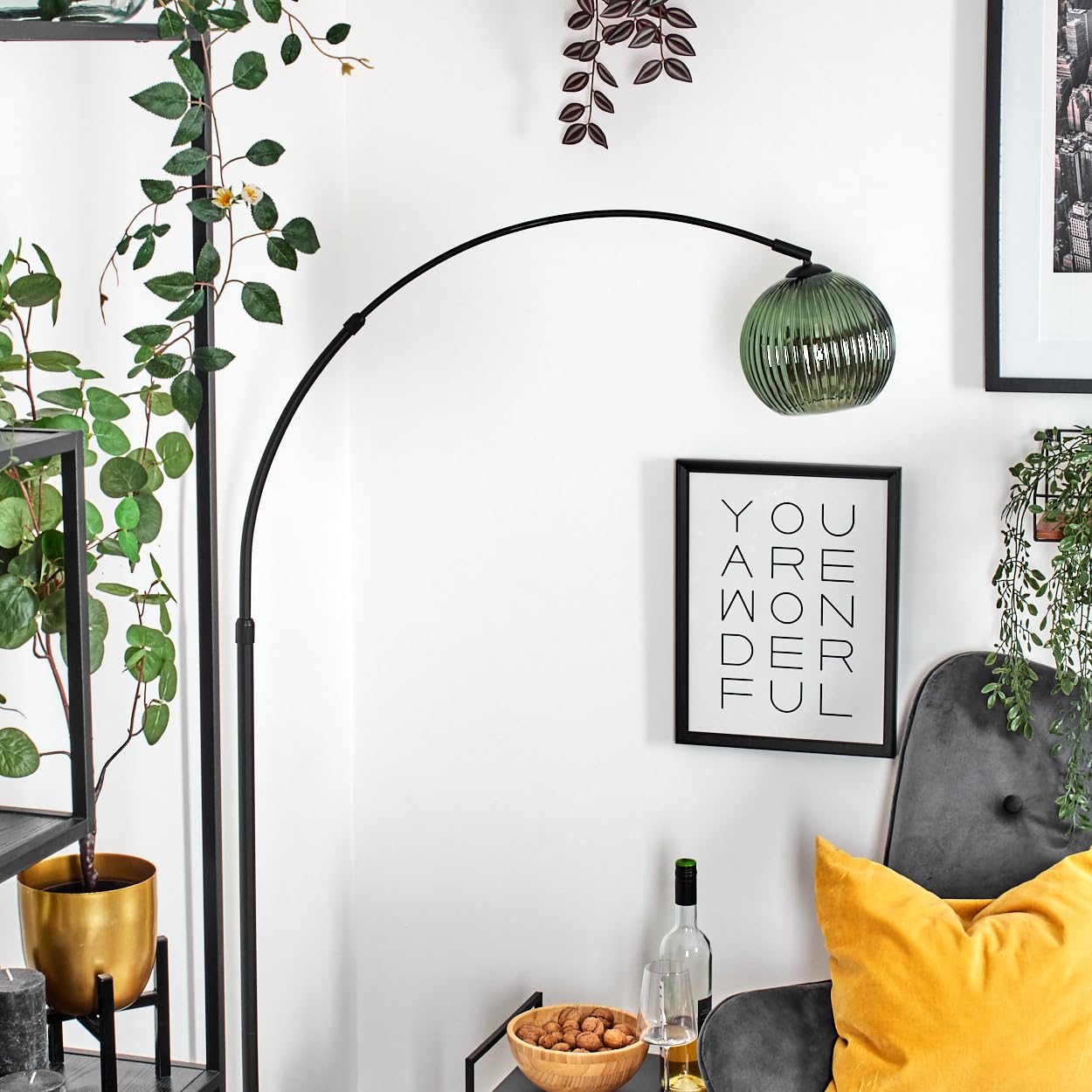 HOFSTEIN Stehleuchte Koyoto, Stehlampe aus Metall/Riffelglas in Schwarz/Grün mit Marmorfuß, verstellbare Leuchte im Retro-Design (Schirm Ø 20 cm), Fußschalter, E27, Wohnzimmer, Schlafzimmer, Flur