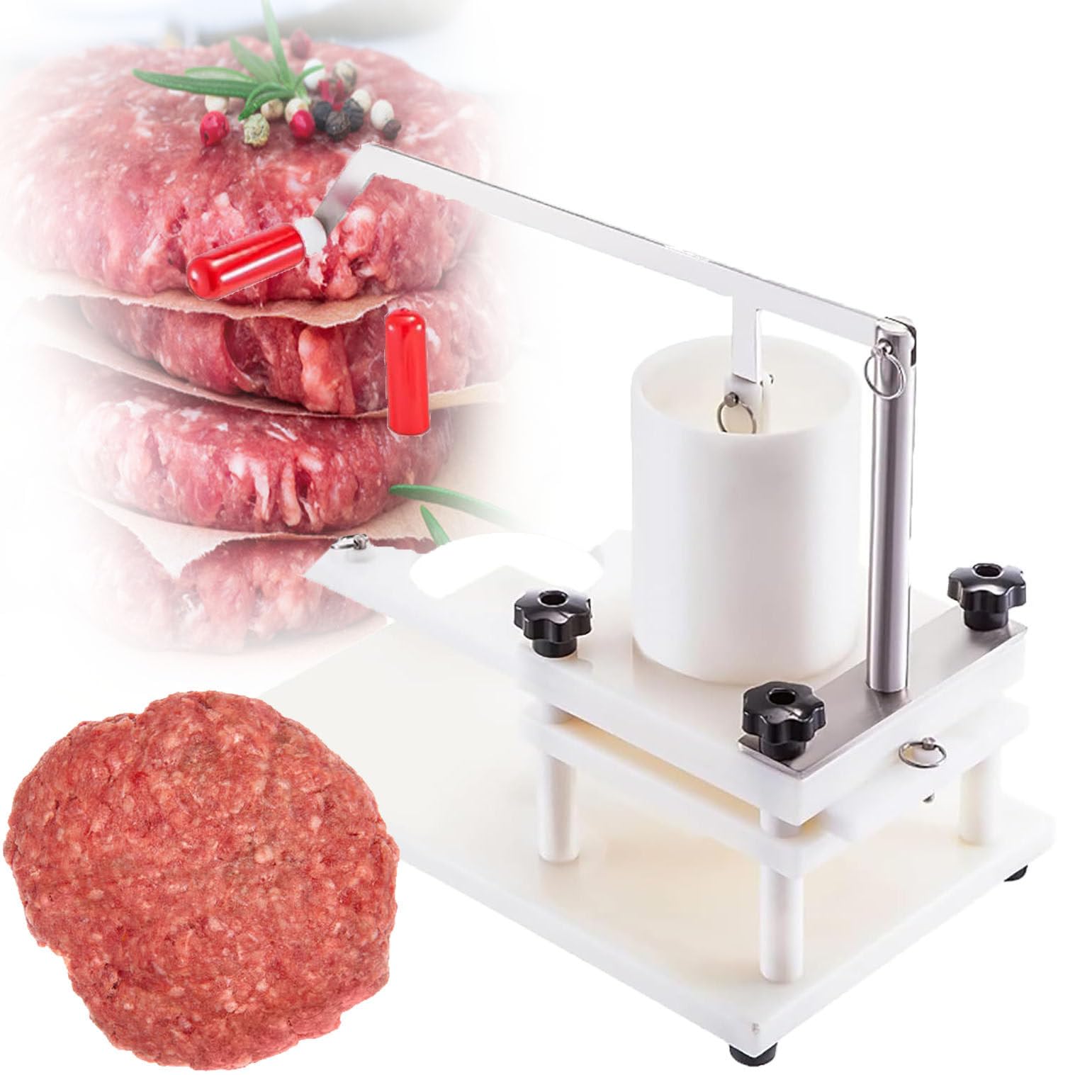 Pressa manuale per hamburger da 10,9 cm, con grande tramoggia, design fisso per ristoranti fast food