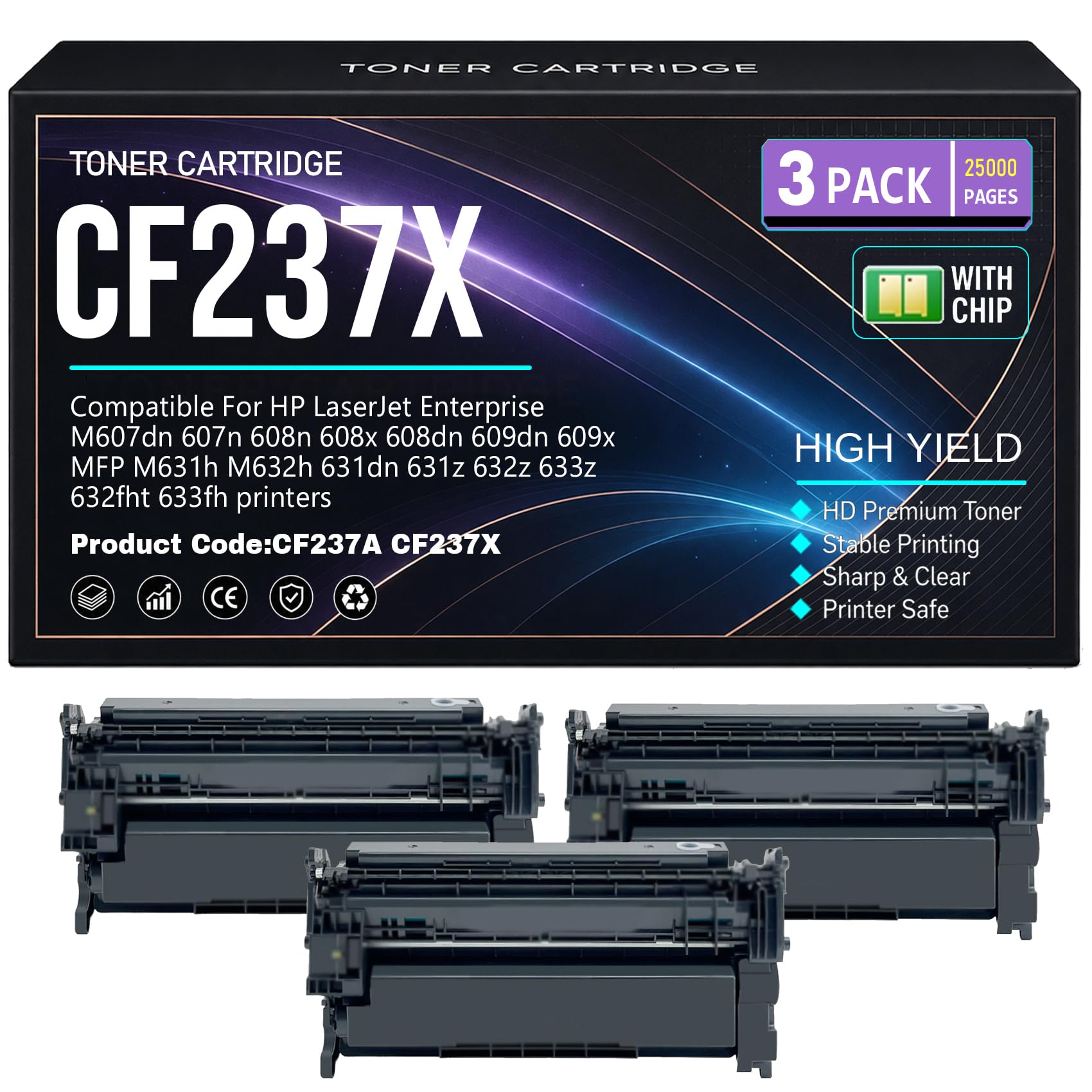 CF237X per HP M607dn 607n 608n 608x 608dn 609dn 609x MFP M631h M632h 631dn 631z 632z 633z 632fht 633fh Cartucce toner con chip Alta resa 25.000 pagine