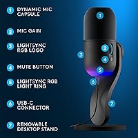 Vista 6 de Logitech G Yeti GX - Micrófono dinámico RGB para juegos, micrófono para podcast con LIGHTSYNC, Blue VO!CE, control G HUB, USB Plug and Play - Negro