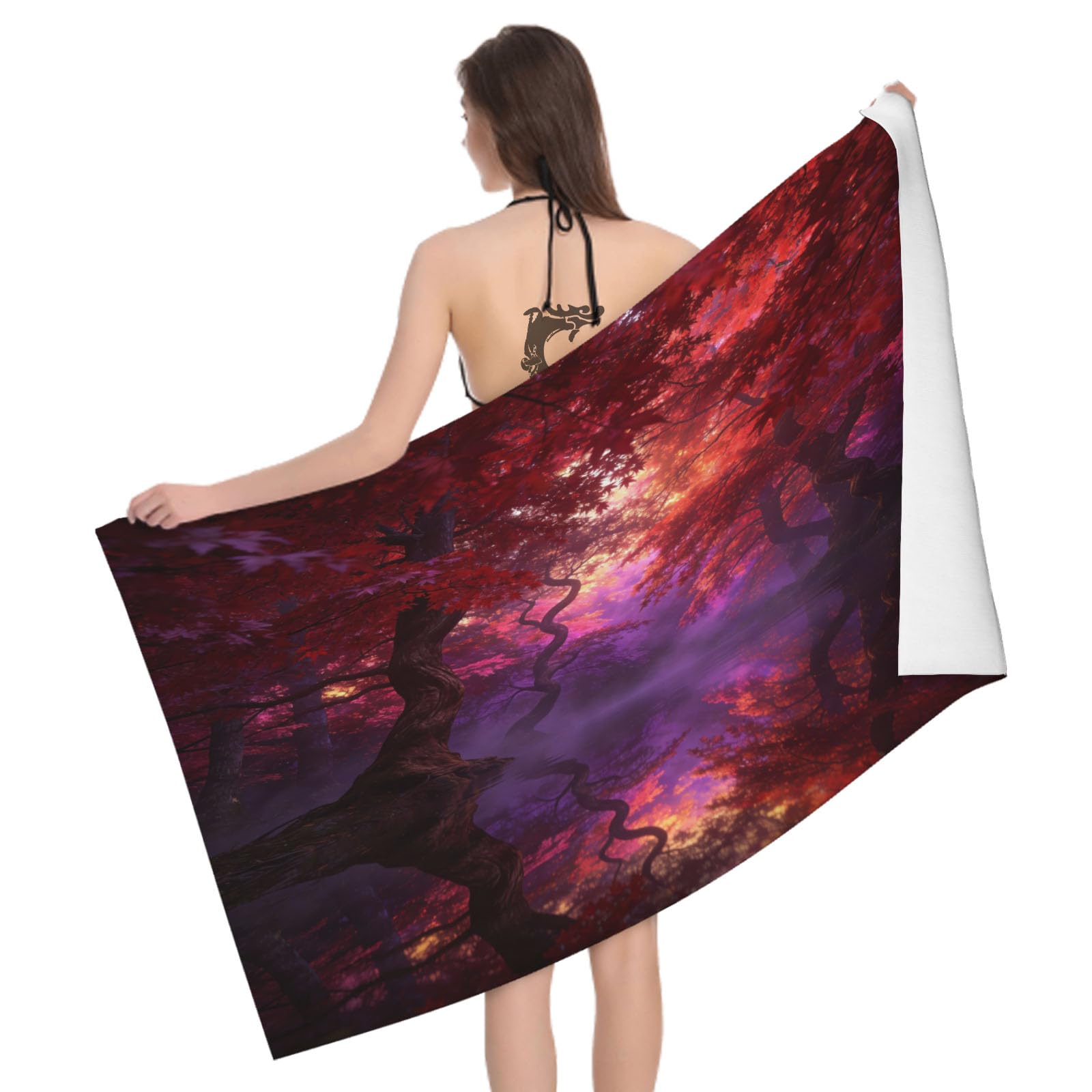 Leichong 3D Maple Forest Beach Towel Large Microfiber Soft Quick Dry for Adults, Nature Landscape Bath Towel Lightweight Soft Absorbent for Travel Swimming Pool Sports, 80 x 160 cm