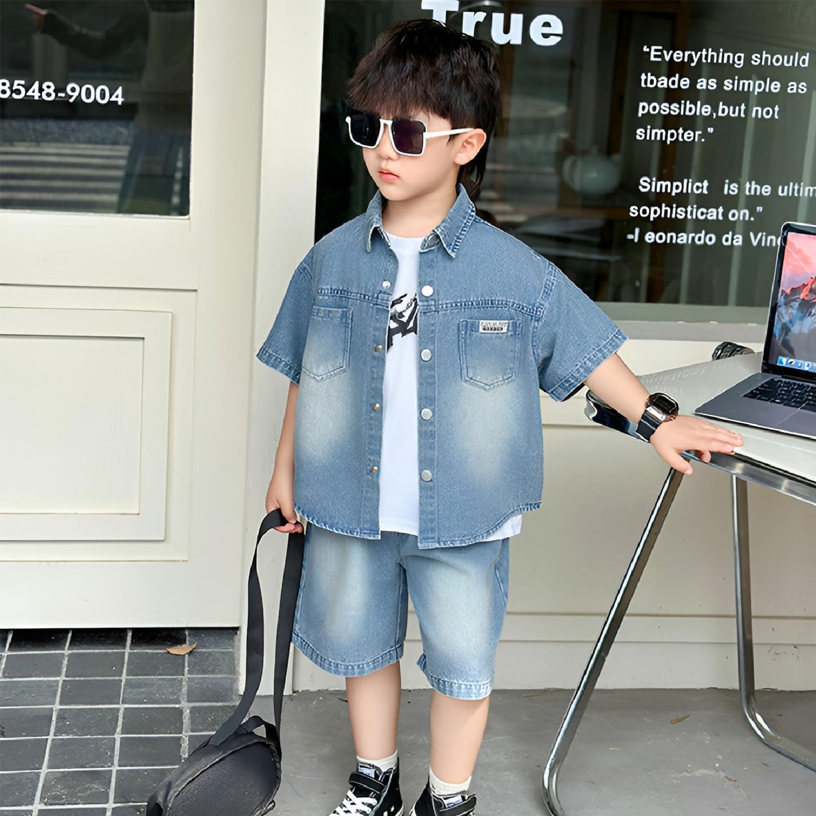amropi Bambino Ragazzi Denim Maglietta a Maniche Corte + Canotta + Pantaloncini in Jeans 3 Pezzi Estivo Set per 2-9 Anni