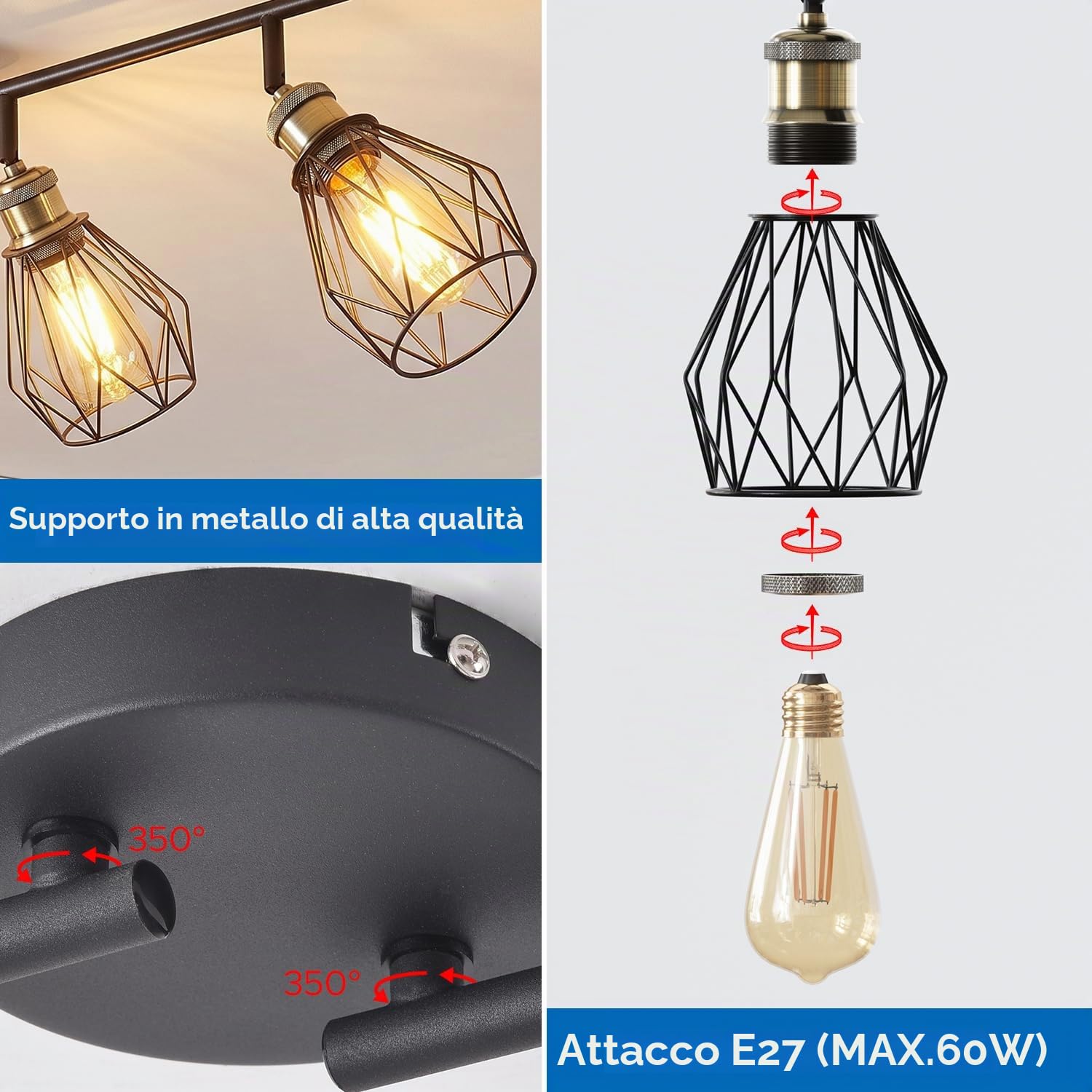 ANWIO Faretti led Soffitto Orientabili, Plafoniera da Parete E27 Nero, Faretti Soffitto 4 Luci Interno, Faretto da Parete Interno per Barra,Salotto,Cameretta,Cucina, Corridoio (Senza Lampadina)