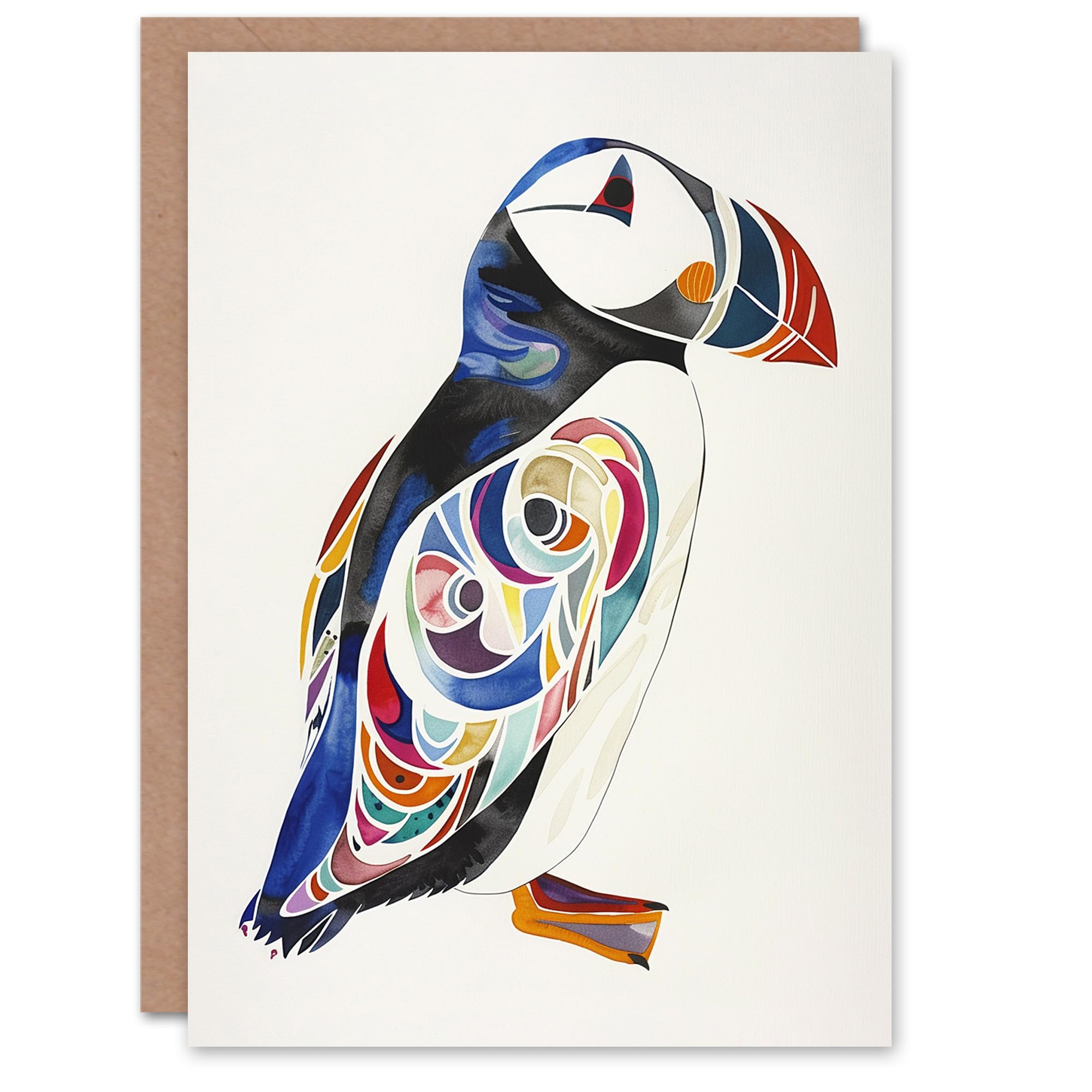 Artery8 Puffin Bird Bright Colourful Pattern Folk Art Blank For Him Or Her Art Birthday Card