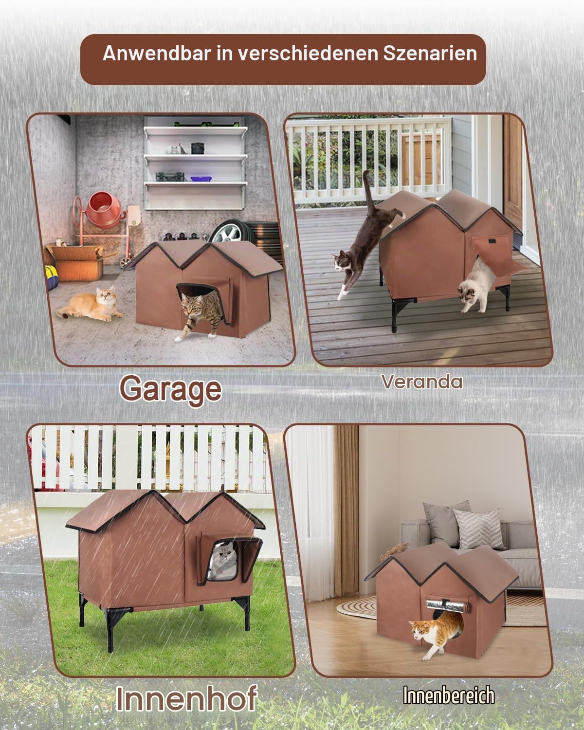 Katzenhaus im Freien, Große wasserdichte isolierte Katzenkennel mit erhöhter Basis, Winterhaus für Indoor-Katzen und kleine Hunde im Freien, Wilde Katzenschutz für mehrere Katzen, Braun