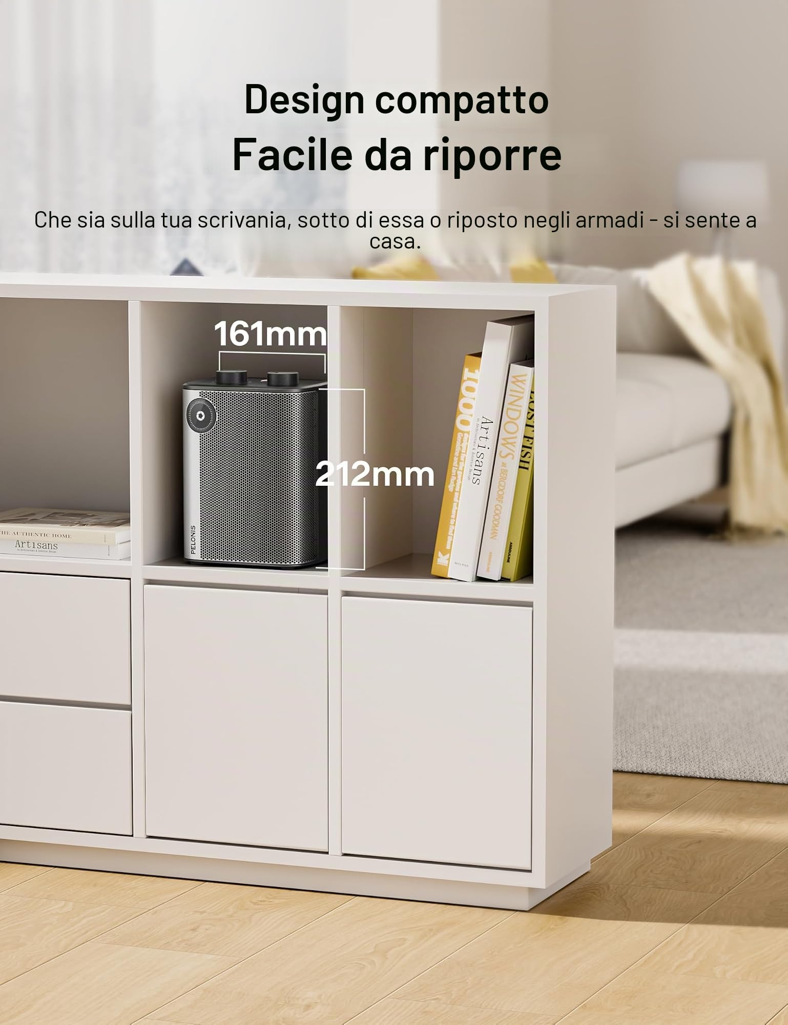 PELONIS Mini termoventilatore in ceramica, 2000 W con telecomando, riscaldamento rapido 2S, 5 livelli con modalità ECO, display LED, riscaldamento da tavolo ultra silenzioso per ufficio e casa