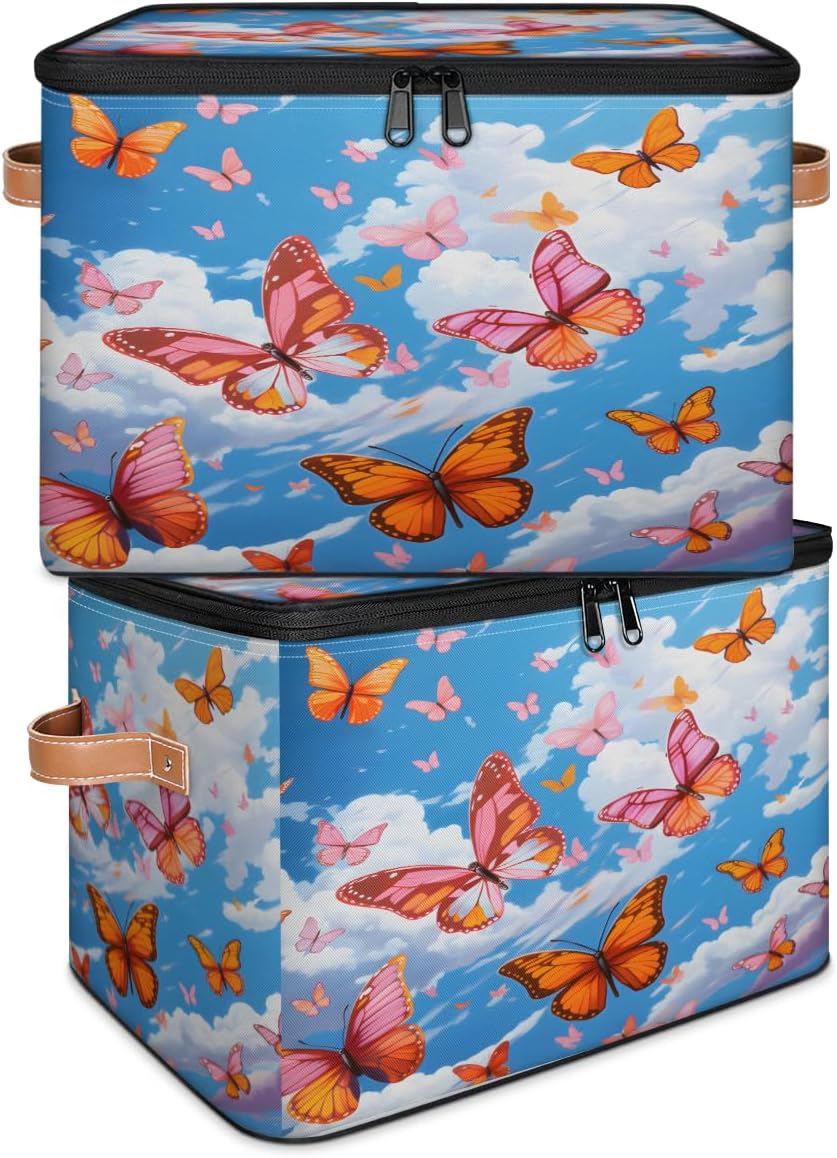 Storage Bin Set of 2 Blue Sky Butterfly Storage Basket with Zipper Lid & Handle Foldable Closet Shelf 2 Pack Cloth Organizer Basket Cube Bins Clothes Organizer for Bedroom, Nursery