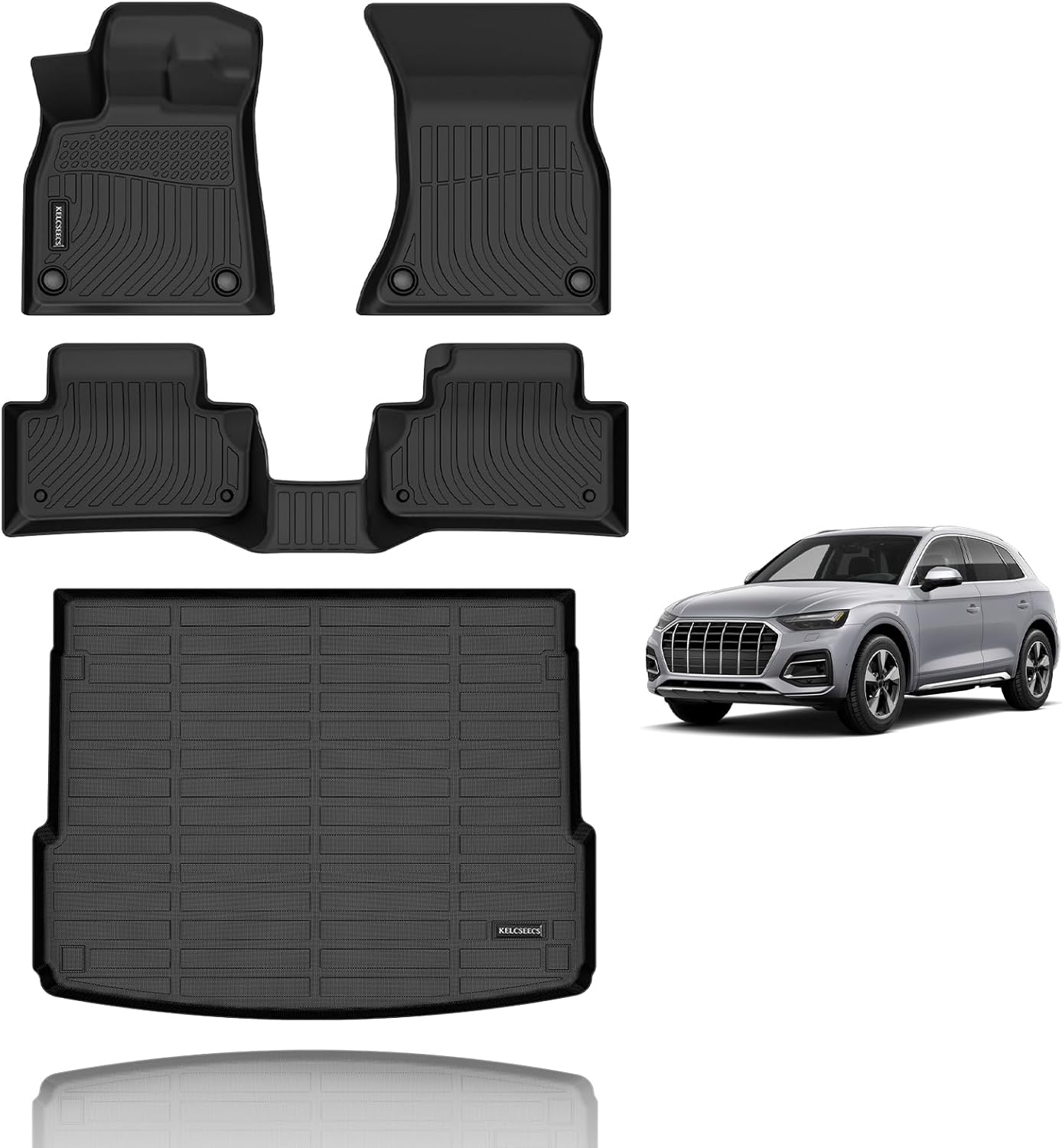 KELCSEECS All Weather Floor Mats & Cargo Liner Custom for Audi Q5 (Not for Q5 PHEV Models) 2025 2024 2023 2022 2021 2020 2019 2018 Car Mats Automotive Cargo Mat Floor Liners Trunk Mat Q5 Trunk Liner