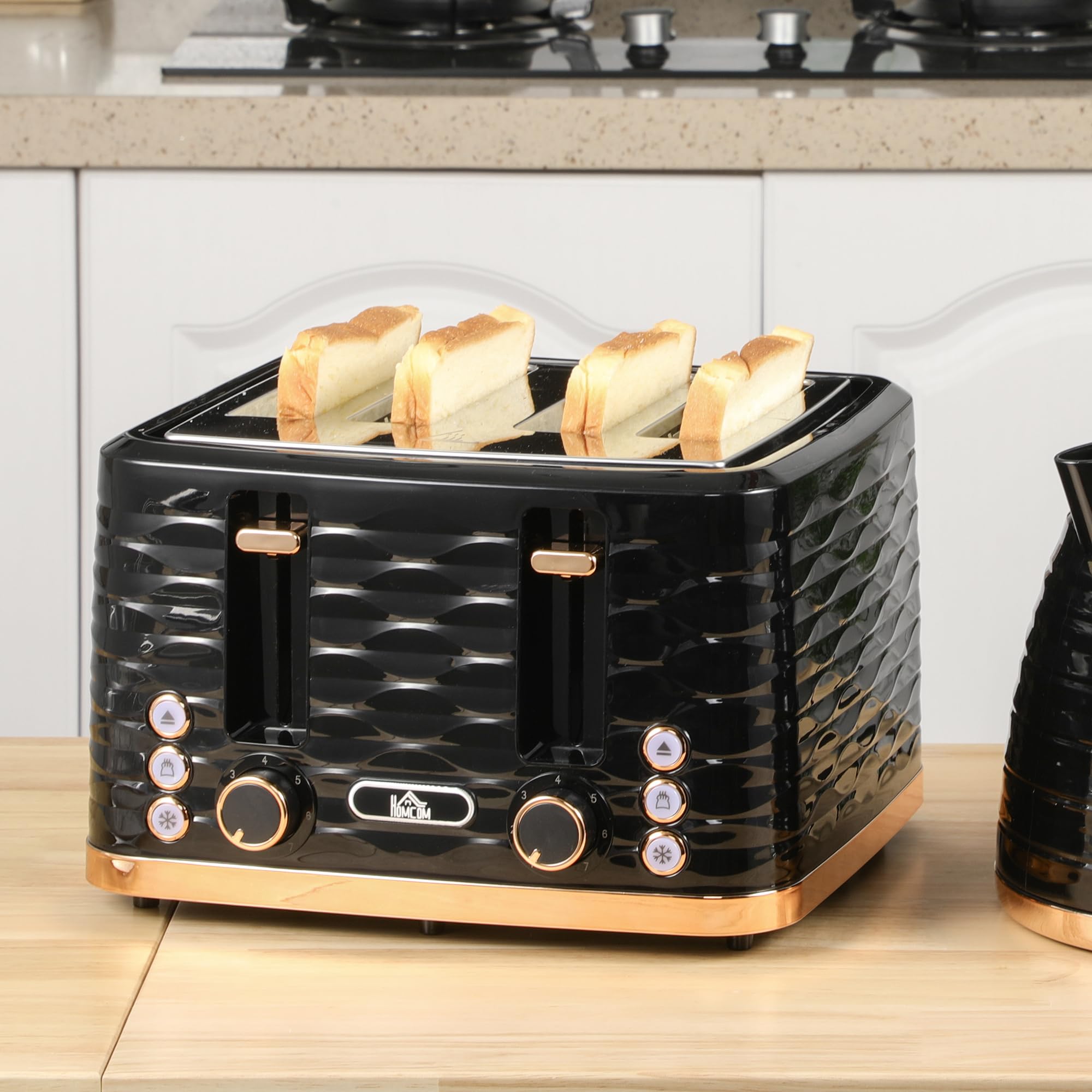 HOMCOM Tostadora 4 rebanadas con rejilla para pan, 7 niveles, función descongelar, función elevadora, bandeja recogemigas 1860 W Negro