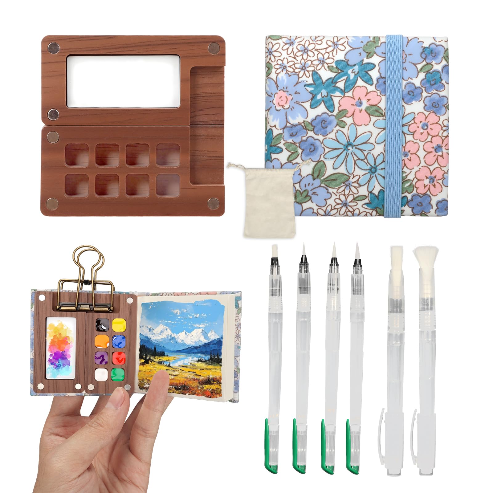 9 Pcs Mini Watercolour Paint Set Travel, Portable Watercolor Palette, 8 Grids Wood Pocket Artist Palette Kit, Small Water Colors Art Painting with Palette, Sketchbook, 6 Brush, Canvas Pocket