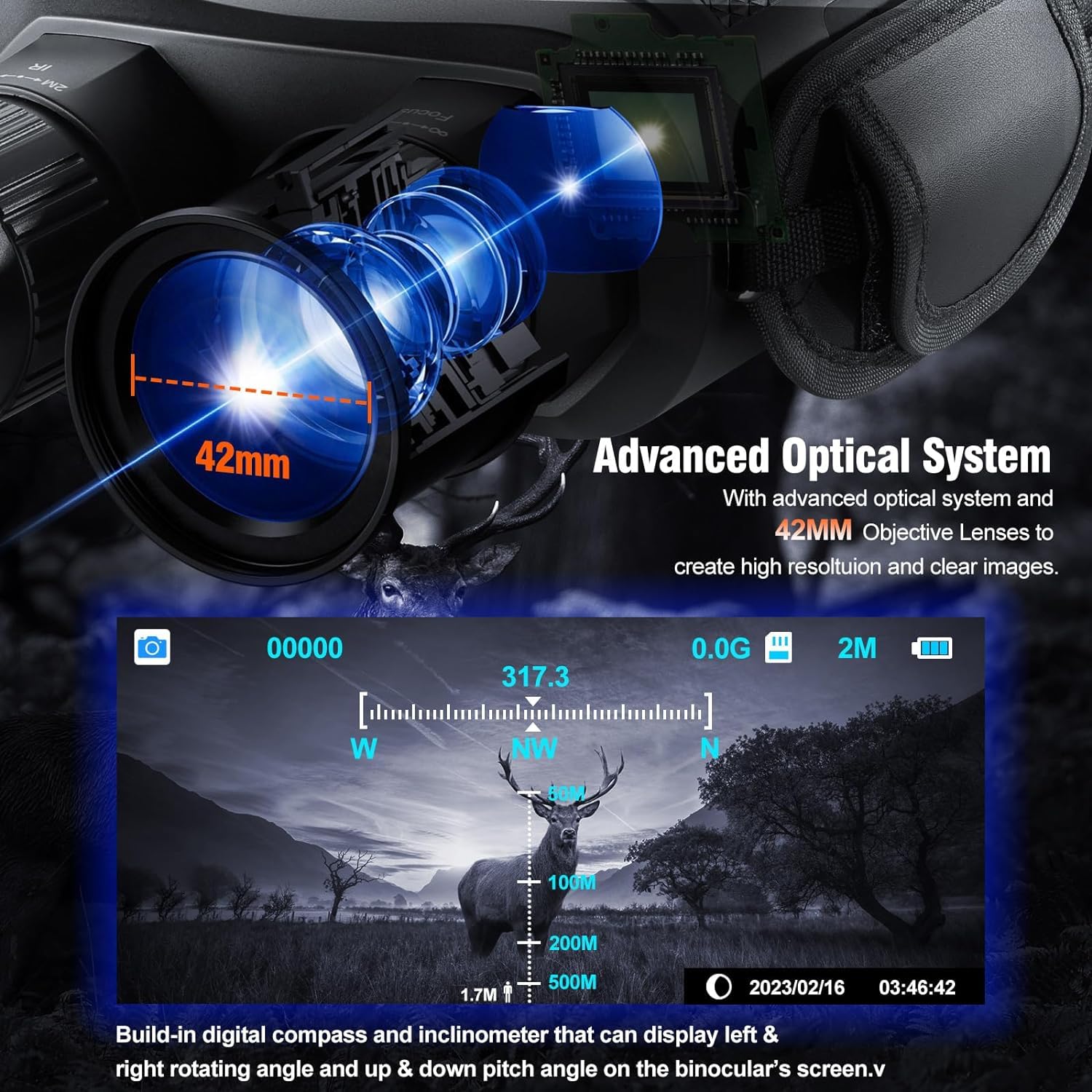 Dowesyeen Binocolo Visione Notturna 4K – IR 850nm, 5x Ottico, 10x Digitale, 7000mAh, Portata 800m, Con Scheda 32GB