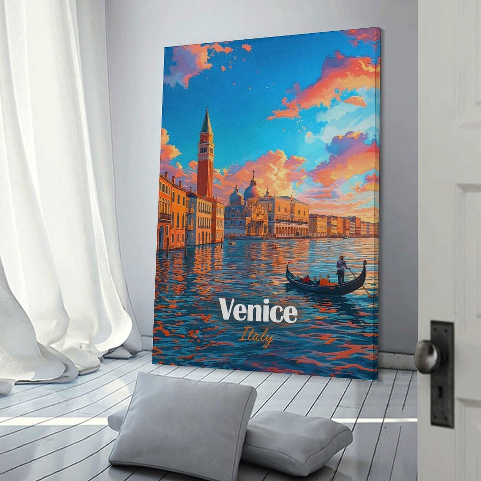 Junmoney Venice Italy Gondola Sunset Painting Wall Art Print 24x36inch(60x90cm), for Corridors, Hallways Or Apartment Entries, Wall Decor to Refresh Empty Corners