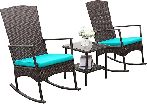 Miniatura 7 de Silla mecedora de mimbre de polietileno para exteriores, juego de 3 piezas, juego de 2 sillas mecedoras y mesa auxiliar de cristal con cordones,