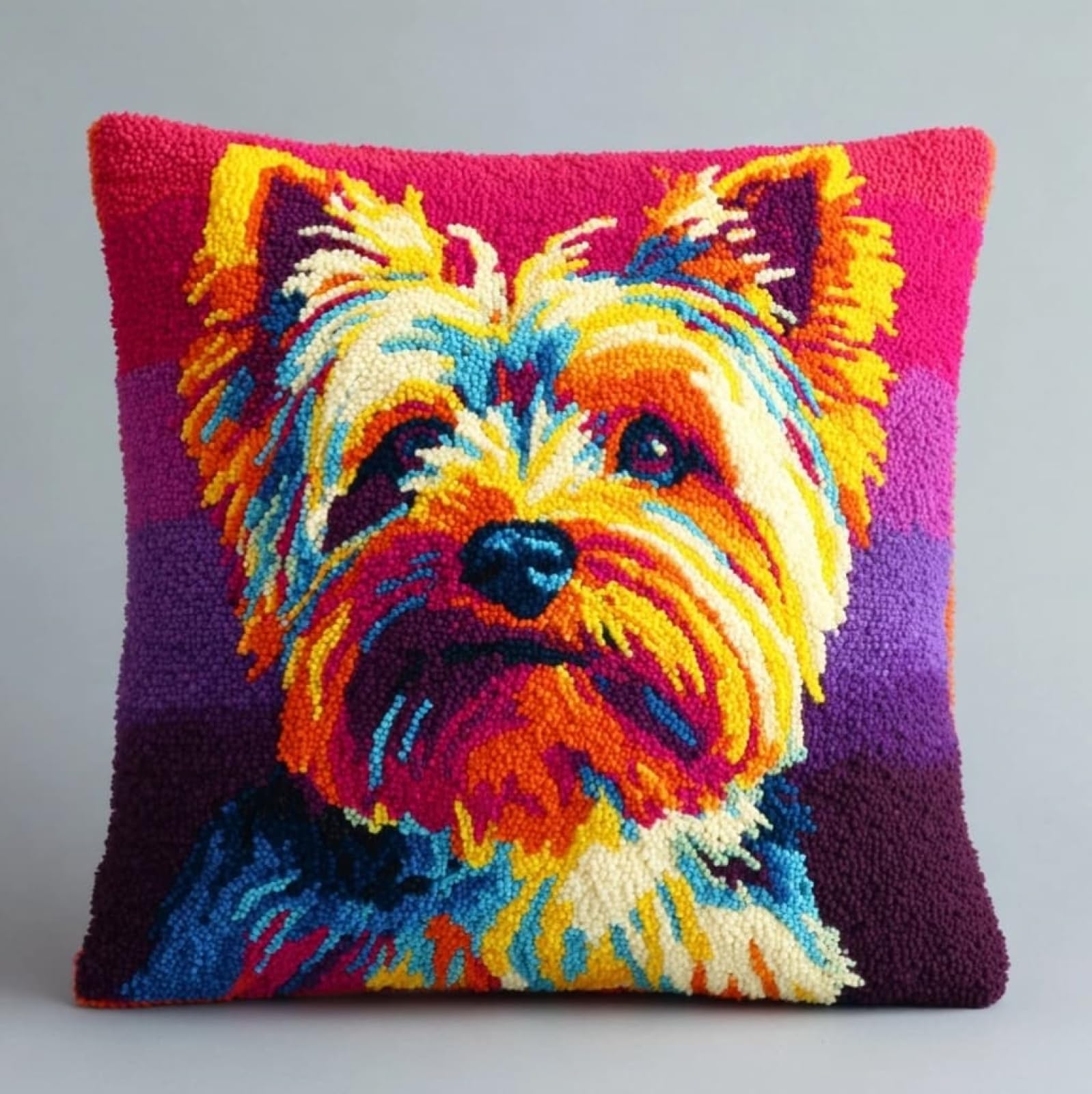 AxiangziK Latch Hook Cushion Kit 17x17in,Yorkshire Terrier Animal Dog DIY Pillow Kit for Adults Beginners,Pre-Printed Canvas & Pre-Cut Yarn,Handmade Craft Cushion Cover Set