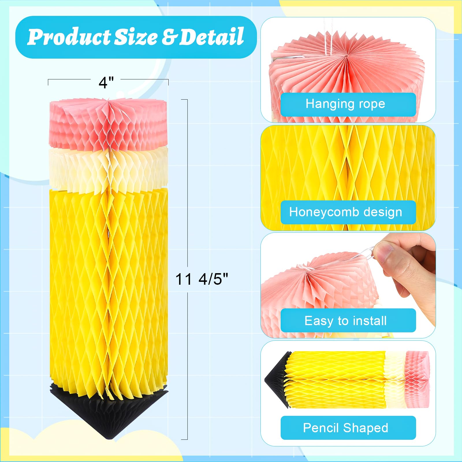 COCHIE 12 Pcs Pencil Hanging Honeycombs Classroom Decor - Back to School Ceiling Decorations, First Day of School Party Supplies, Colorful Tissue Paper Honeycomb Decor for Teachers, Homeschool (A)