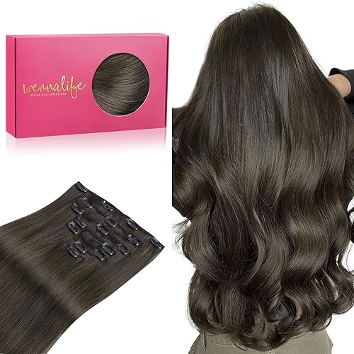 WENNALIFE Clip in Hair Extensions Real Human Hair, 20 Inch 120g 7pcs Human Hair Extensions Clip In Human Hair, Cool Dark Brown Hair Extensions Clip In Real Hair Coloured Remy Human Hair Extensions