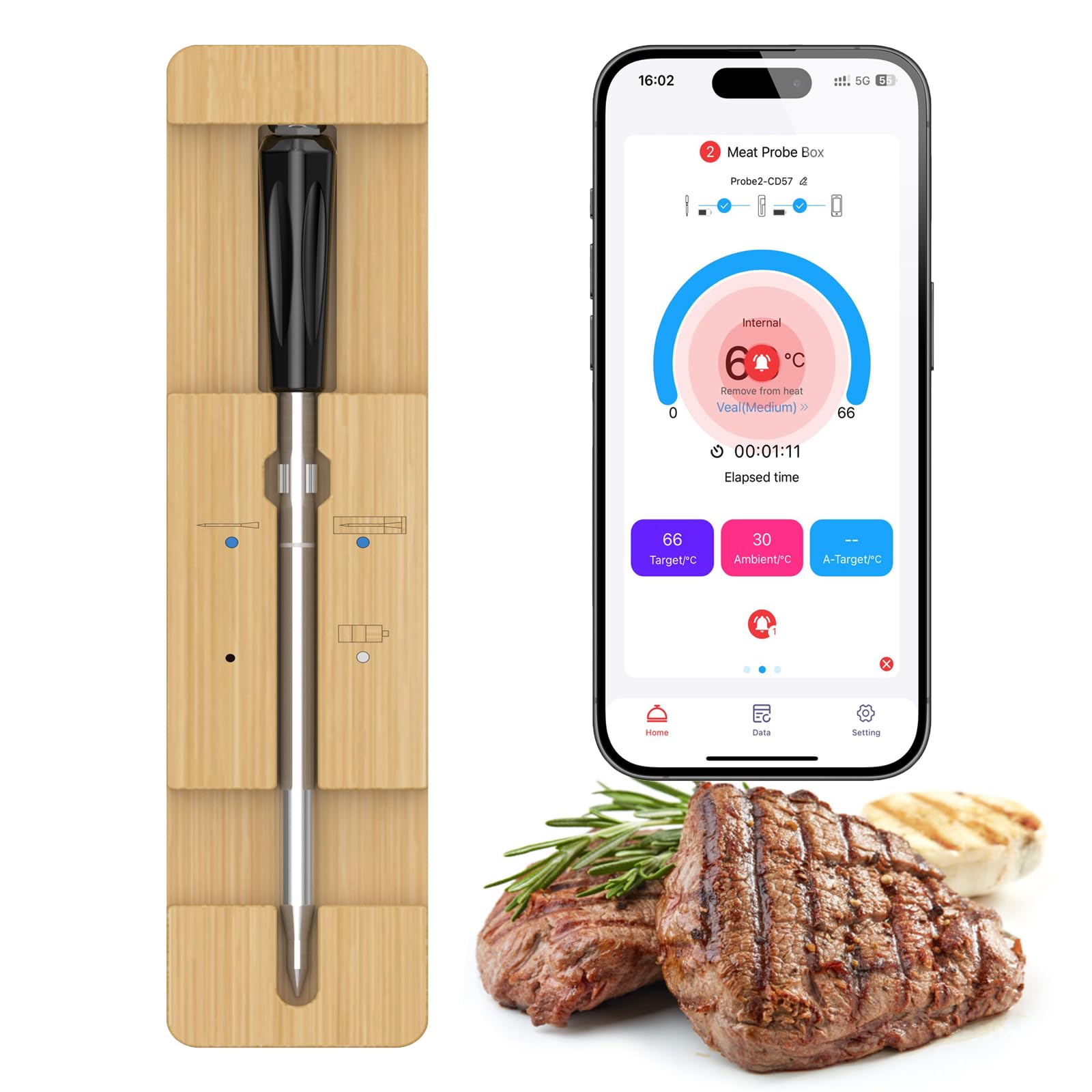 Termometro Cucina Wireless BBQ 100m Bluetooth Smart Termometro Carne Barbecue Intelligente Bluetooth PUò Essere Usato per Sonda Alimenti, Forno, Barbecue, Bistecca, App Compatibile con Ios/Android