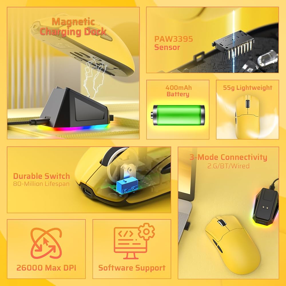 EPOMAKER Aula SC800 Wireless Gaming Mouse, 37g Lightweight, Adjustable 26,000 DPI, 8k Polling Rate, PAW3395, Programmable Buttons, On-Board Memory, 250mAh Battery, PC/MAC/Linux (White