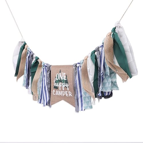Miniatura 8 de Cartel de 1er cumpleaños con texto en inglés One Happy Camper, cartel para silla alta con decoraciones de campamento, accesorios para fotos de feliz