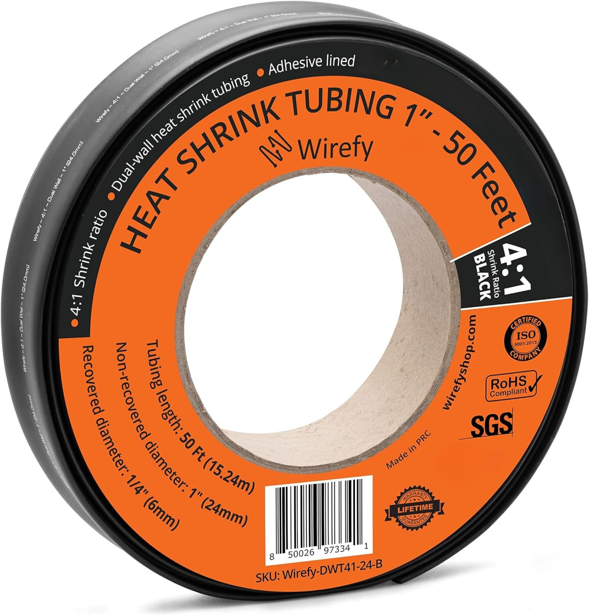 Wirefy 1" Heat Shrink Tubing - Large Diameter - 4:1 Ratio - Adhesive Lined - Industrial Heat-Shrink Tubing - 50 Feet Roll - Black