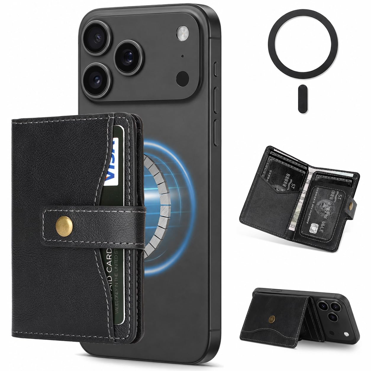 Magnetic Wallet kompatibel mit MagSafe,RFID-blockierender PU-Leder Kartenhalter,4 Kartenfächer, Geldfach,Foto-ID-Fenster,Druckknopf,Magnetring inklusive,kompatibel mit iPhone&Android-Hüllen,Schwarz