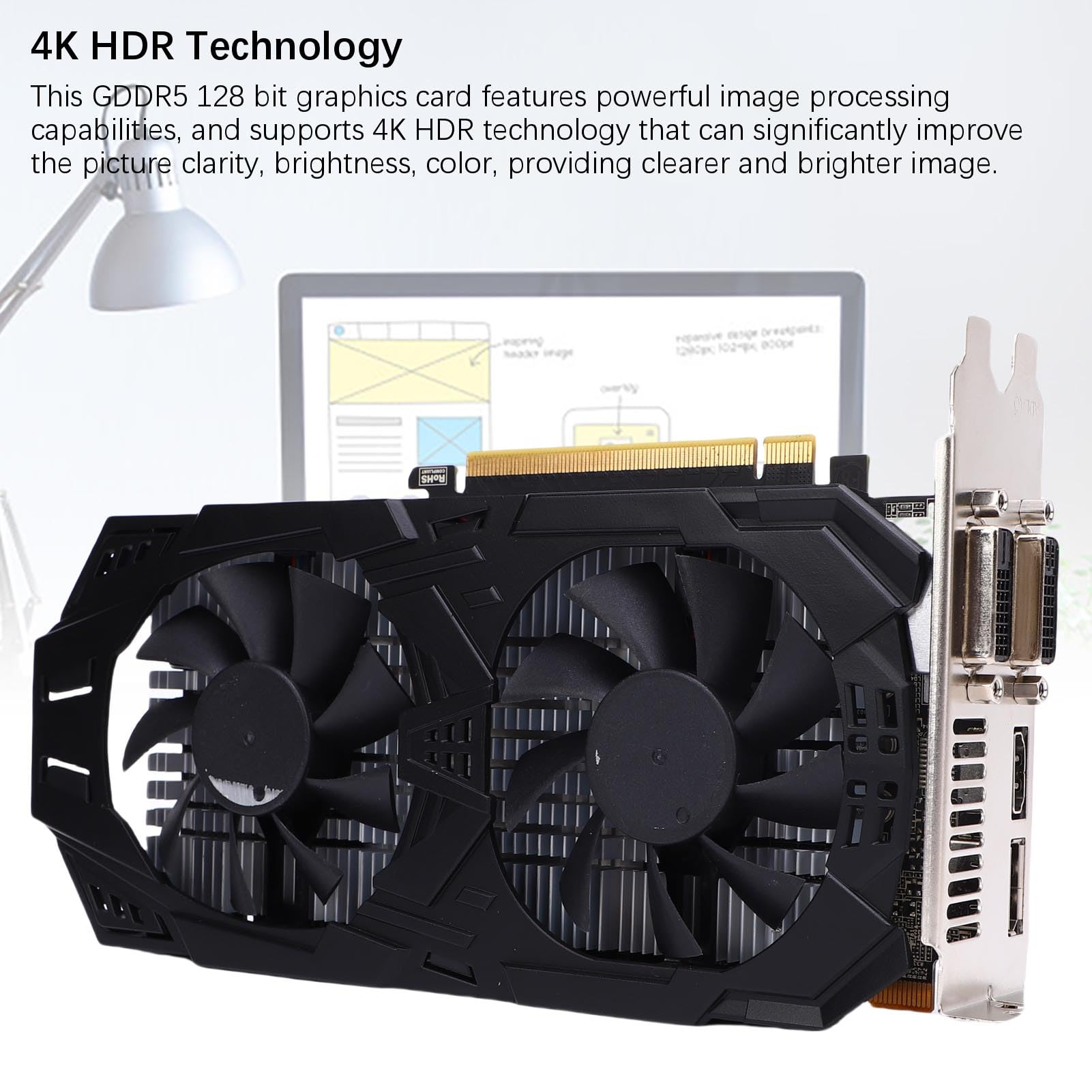 Cuifati GDDR5 2GB Computergrafikkarte, 128 -Bit -PCIe 3.0 X16 Gaming -Grafikkarte mit 2 Cooling -Lüfter, PC -GPU für Gaming, mit HD Multimedia Interface Display Port DVI -Schnittstelle