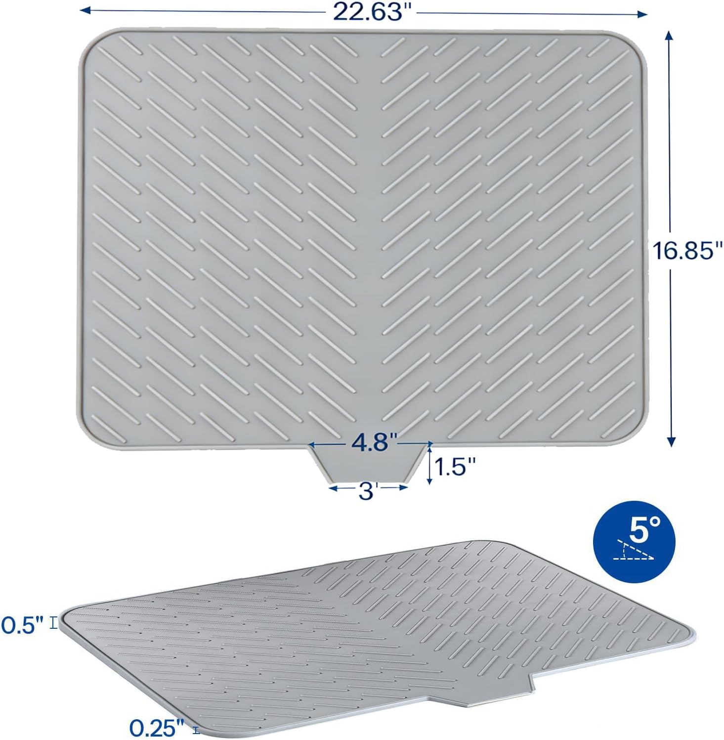 Extra Large Silicone Dish Drying Mat 22.63"L x 16.85"W (Grey)