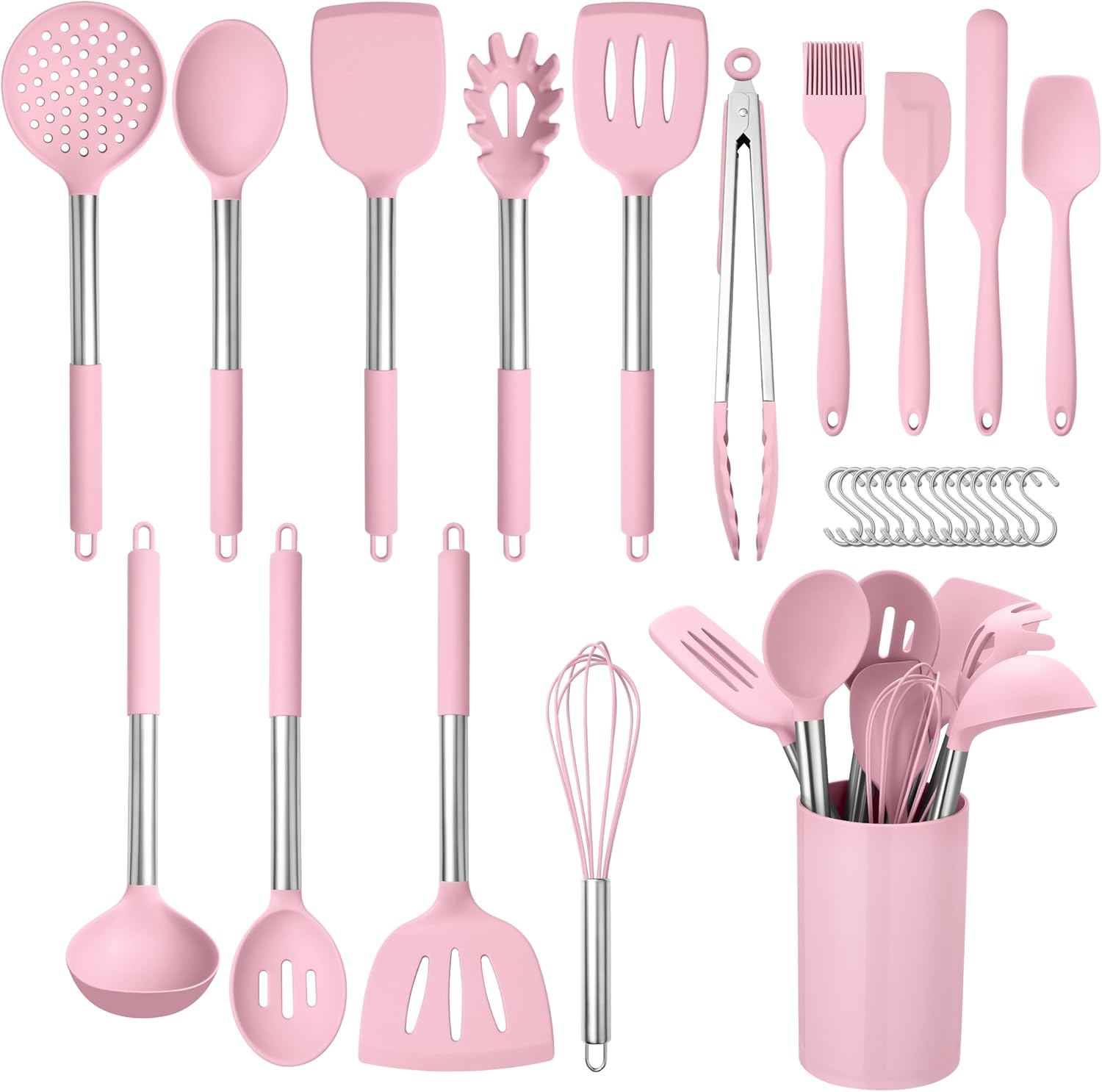HaWare 29 PCS Silicone Cooking Utensils Set, Heat Resistant Kitchen Utensils Set with Stainless Steel Handle, Spatula Sets with Holder and Hooks, Kitchen Tools Gadgets for Nonstick Cookware -Pink