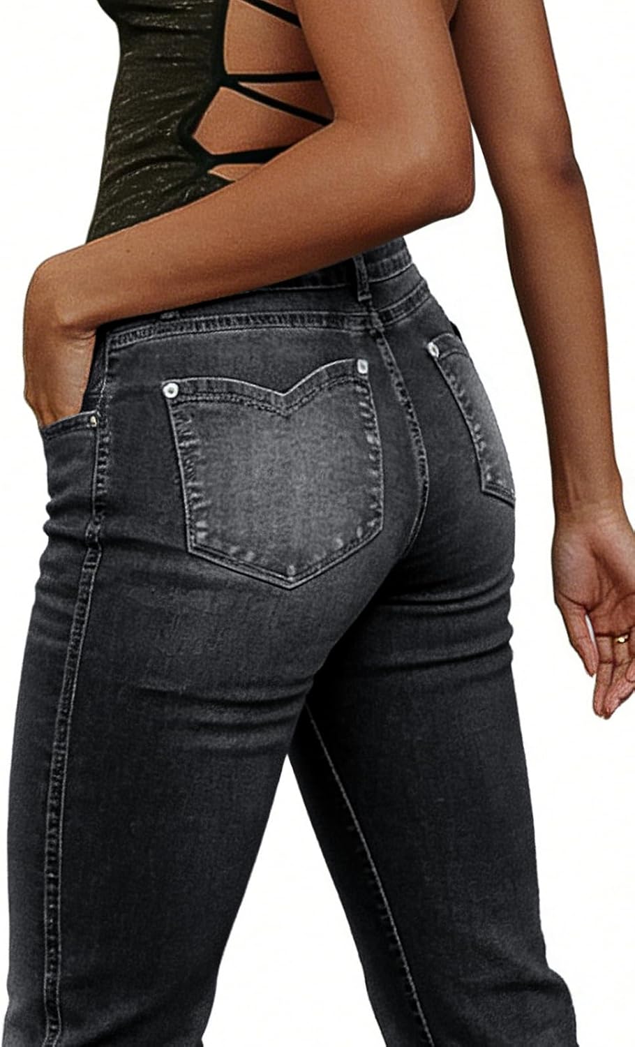 Flamingals Mid Waist Boot Cut Jeans for Women Stretchy Trendy Butt Lifting Flare Wash V Cut Raw Hem Denim Jeans - Image 5
