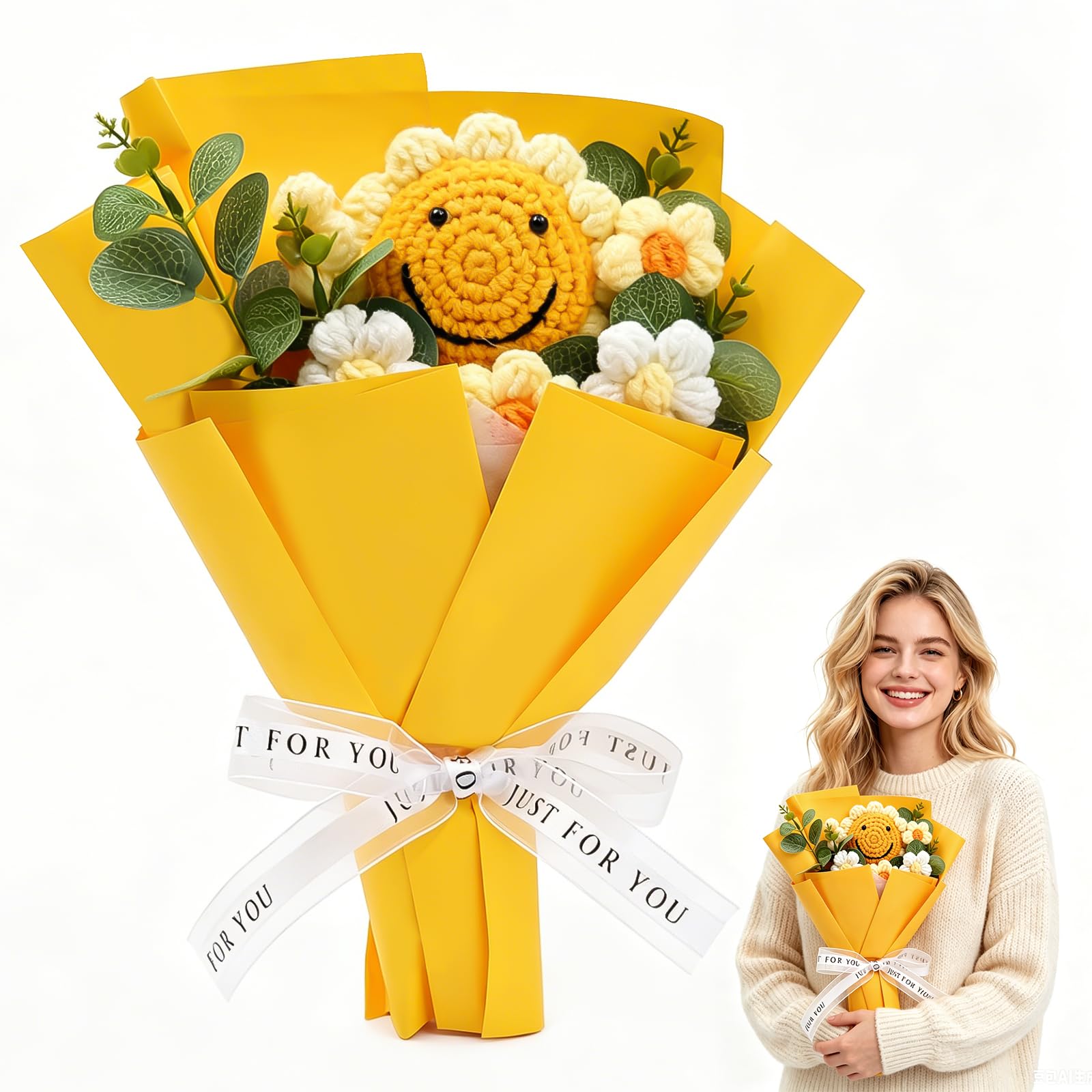Knitted Flowers, Crochet Flowers Bouquet Hand-Woven Artificial Floral Arrangement Completed Handmade Crochet Flower Bouquet Preserved Floral Gift for Family Lover Friend Birthday Wedding Anniversary